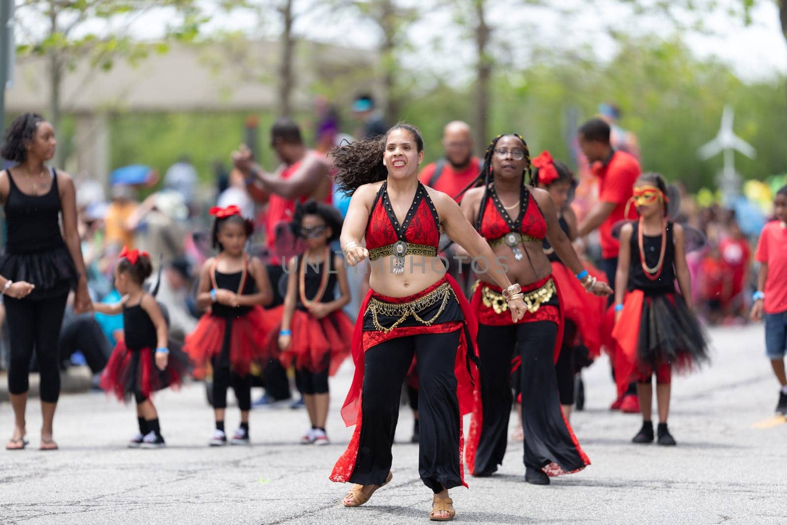 Cleveland, Ohio, USA - June 8, 2019: Parade the Circle, african american women and children dancing