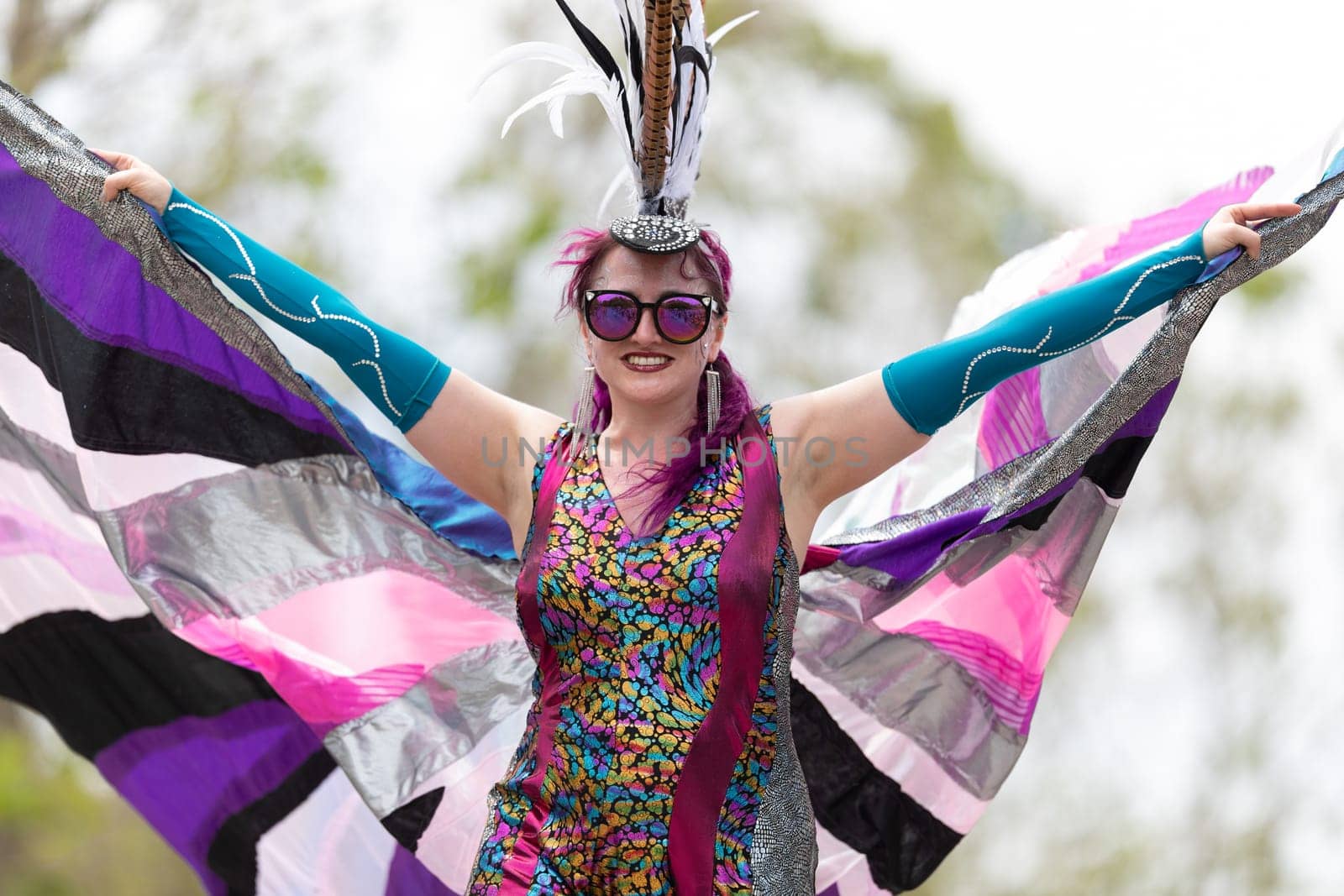 Cleveland, Ohio, USA - June 8, 2019: Parade the Circle, women on stilts dancing during the parade