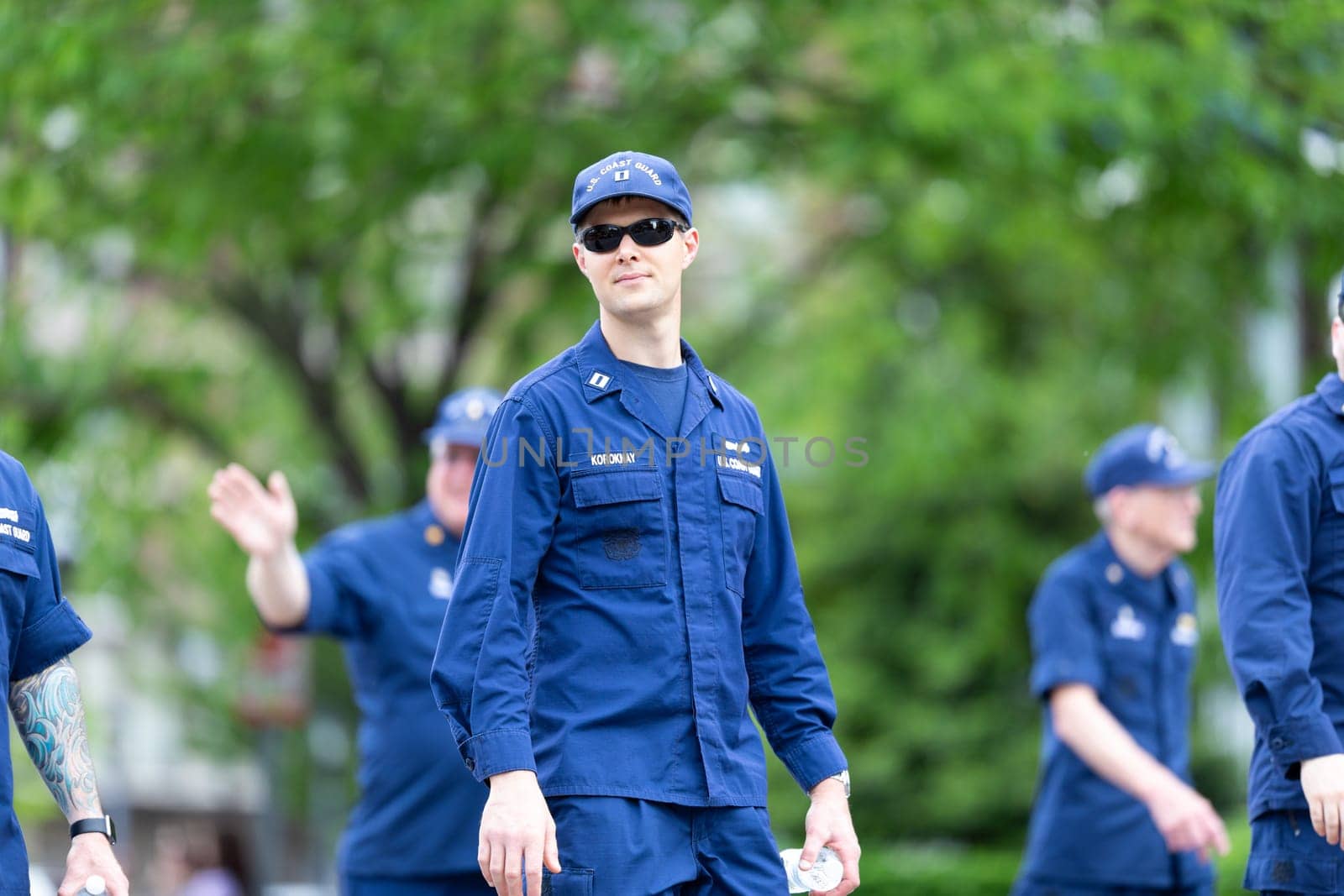 Louisville, Kentucky, USA - May 2, 2019: The Pegasus Parade, Members of the United States Coast Guard, marching down the street during the parade