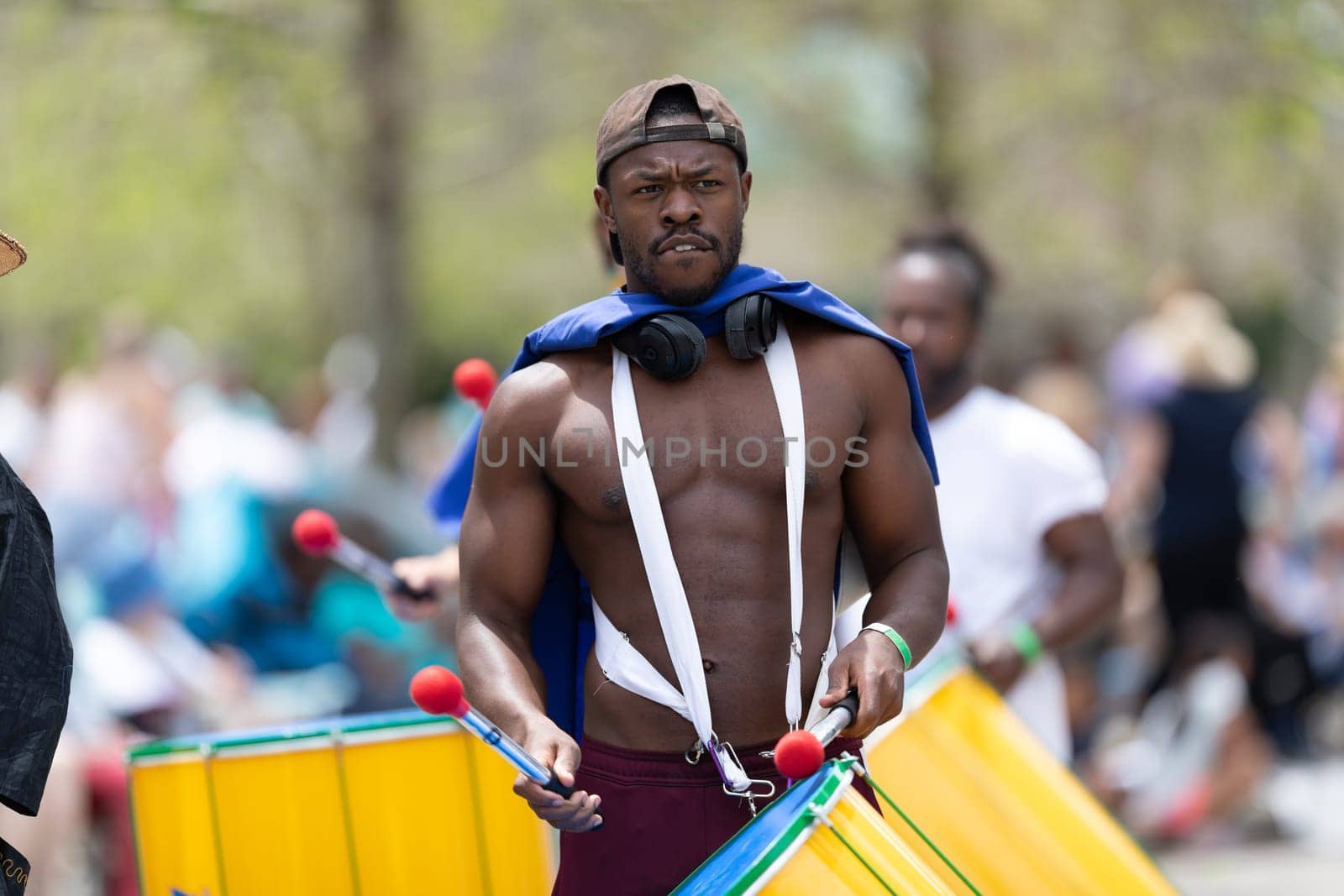 Cleveland, Ohio, USA - June 8, 2019: Parade the Circle, African American man playing the drums during the parade