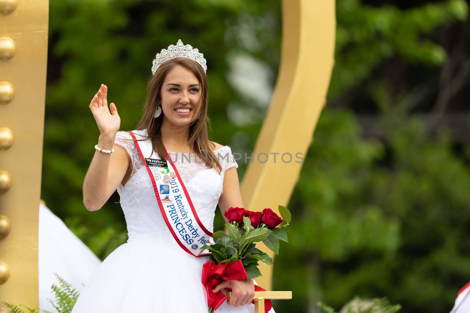 Louisville, Kentucky, USA - May 2, 2019: The Pegasus Parade, Float carrying the Kentucky Derby Royal Court during the parade