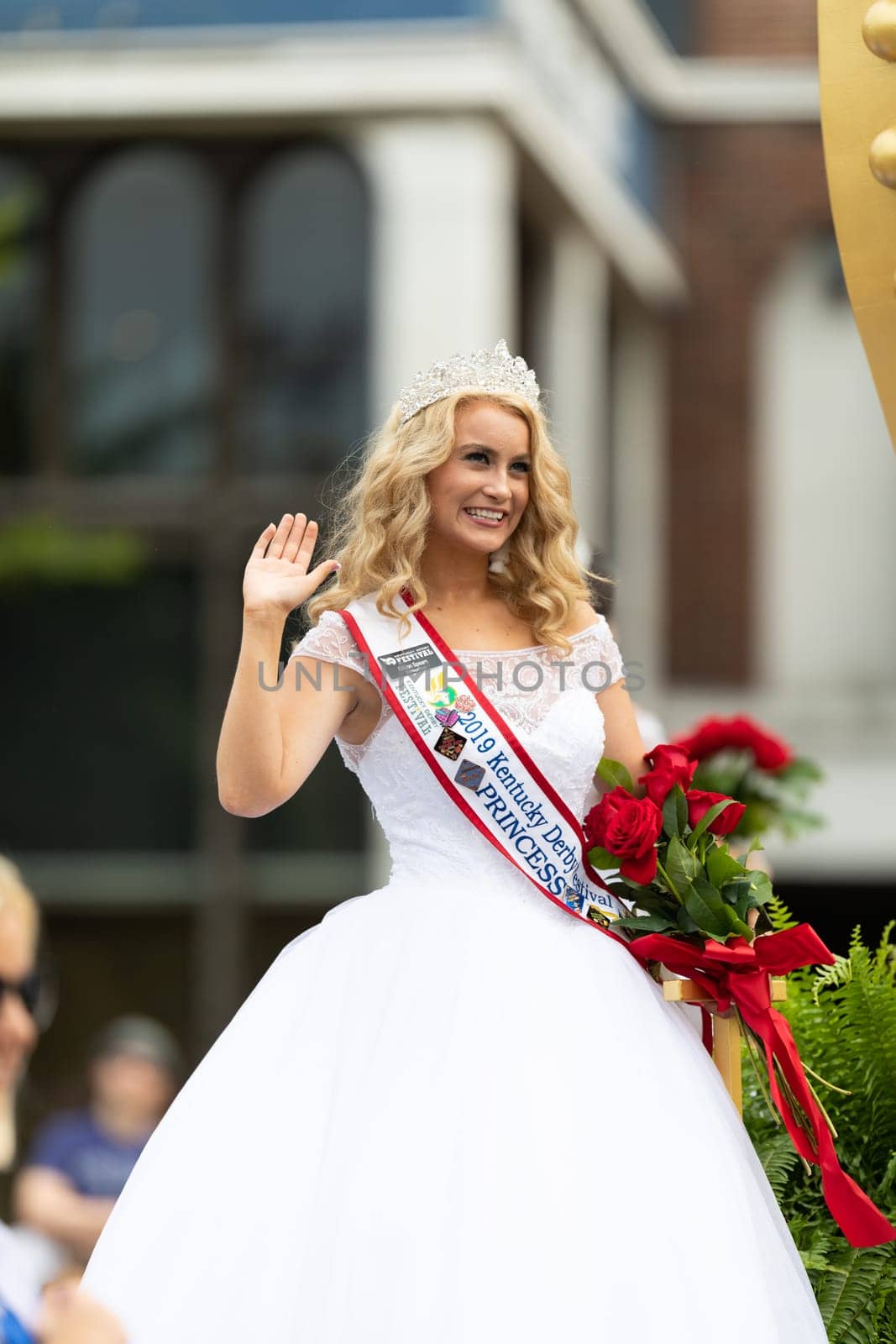 Louisville, Kentucky, USA - May 2, 2019: The Pegasus Parade, Float carrying the Kentucky Derby Royal Court during the parade