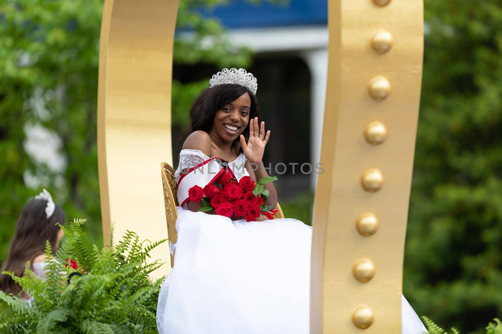 Louisville, Kentucky, USA - May 2, 2019: The Pegasus Parade, Float carrying the Kentucky Derby Royal Court during the parade