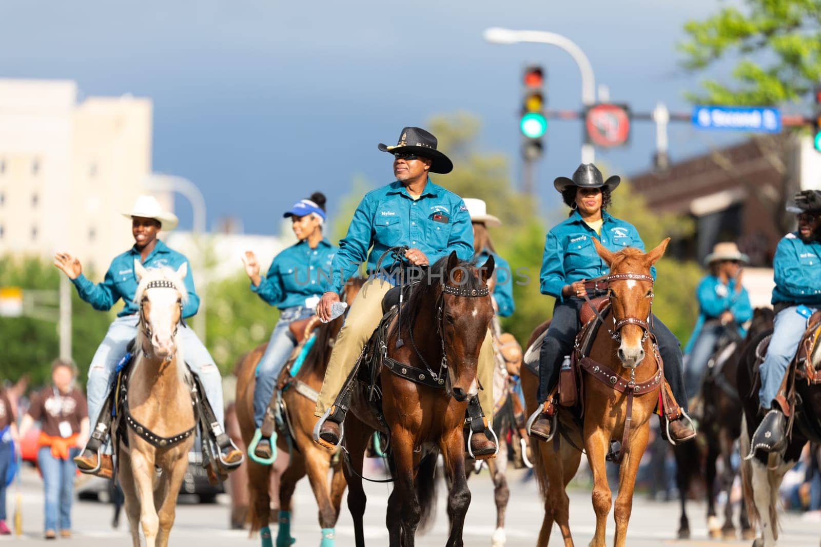Louisville, Kentucky, USA - May 2, 2019: The Pegasus Parade, Members of the KY Hardriders, on horses going down the street during the parade