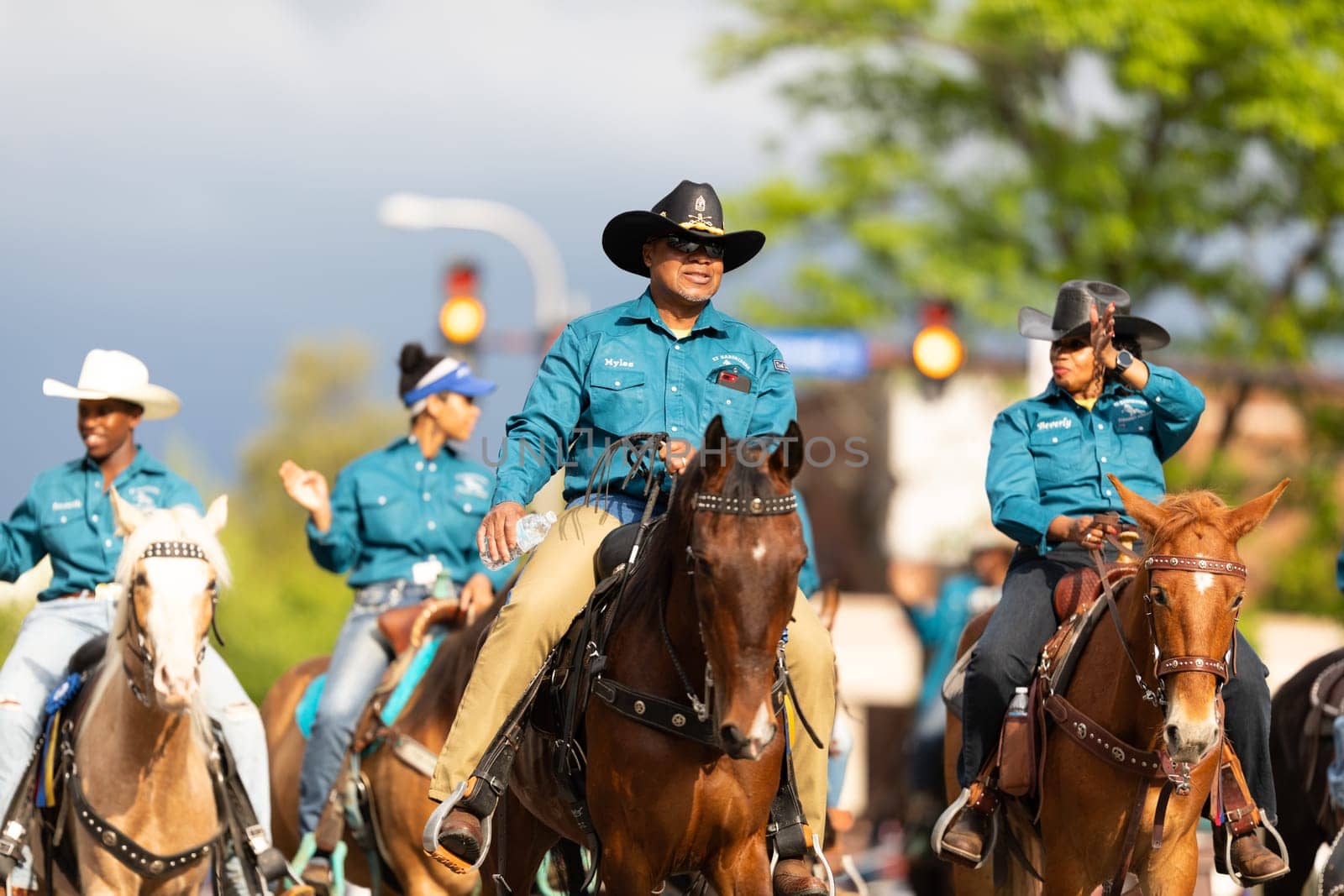 Louisville, Kentucky, USA - May 2, 2019: The Pegasus Parade, Members of the KY Hardriders, on horses going down the street during the parade