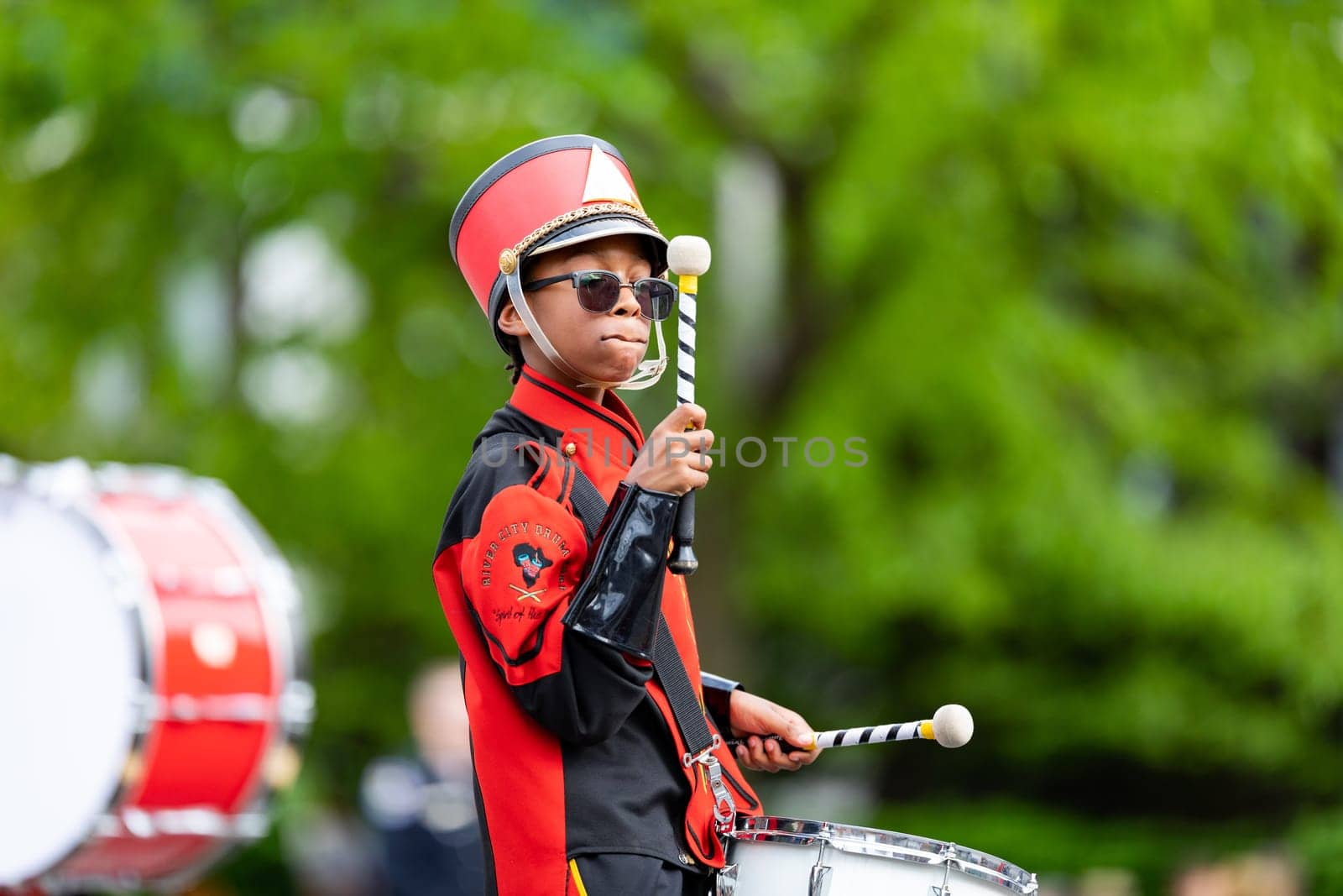 Louisville, Kentucky, USA - May 2, 2019: The Pegasus Parade, Members of the River City Drum Corp performing at the parade