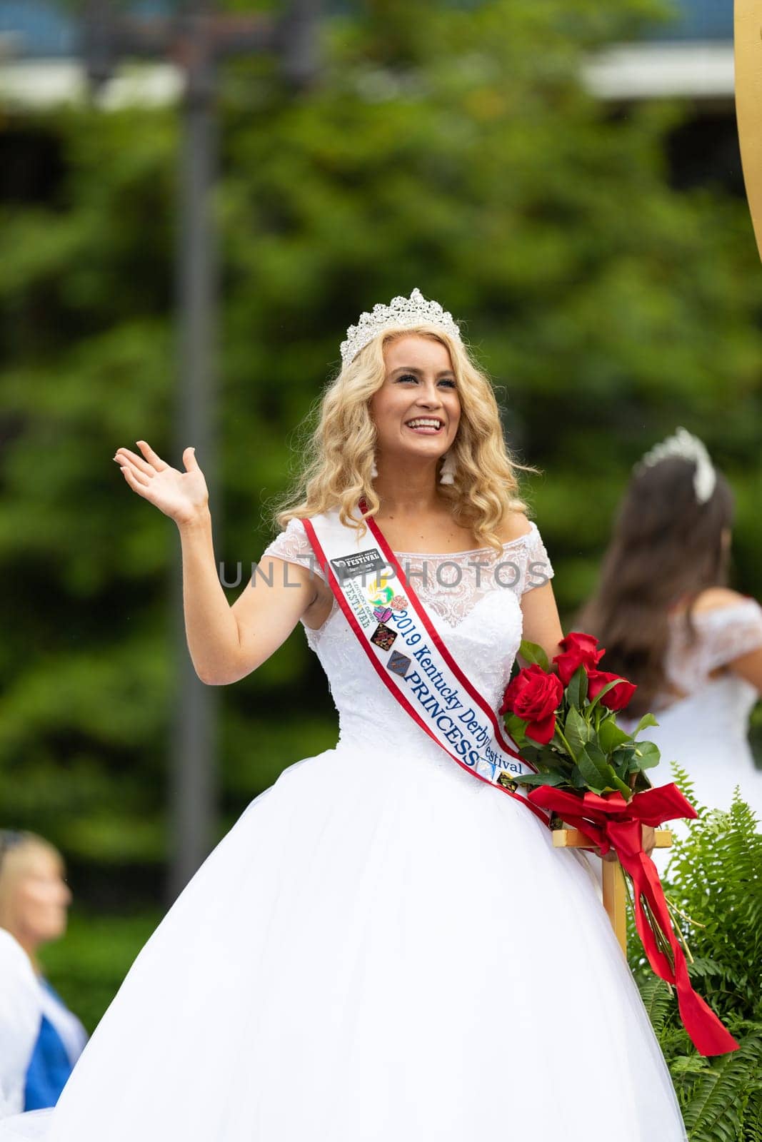 Louisville, Kentucky, USA - May 2, 2019: The Pegasus Parade, Float carrying the Kentucky Derby Royal Court during the parade