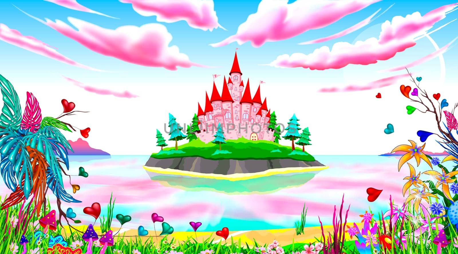 Fantasy fabulous landscape. The island has a pink princess castle. Seascape. Blue sky with pink clouds. Fabulous plants and flowers.