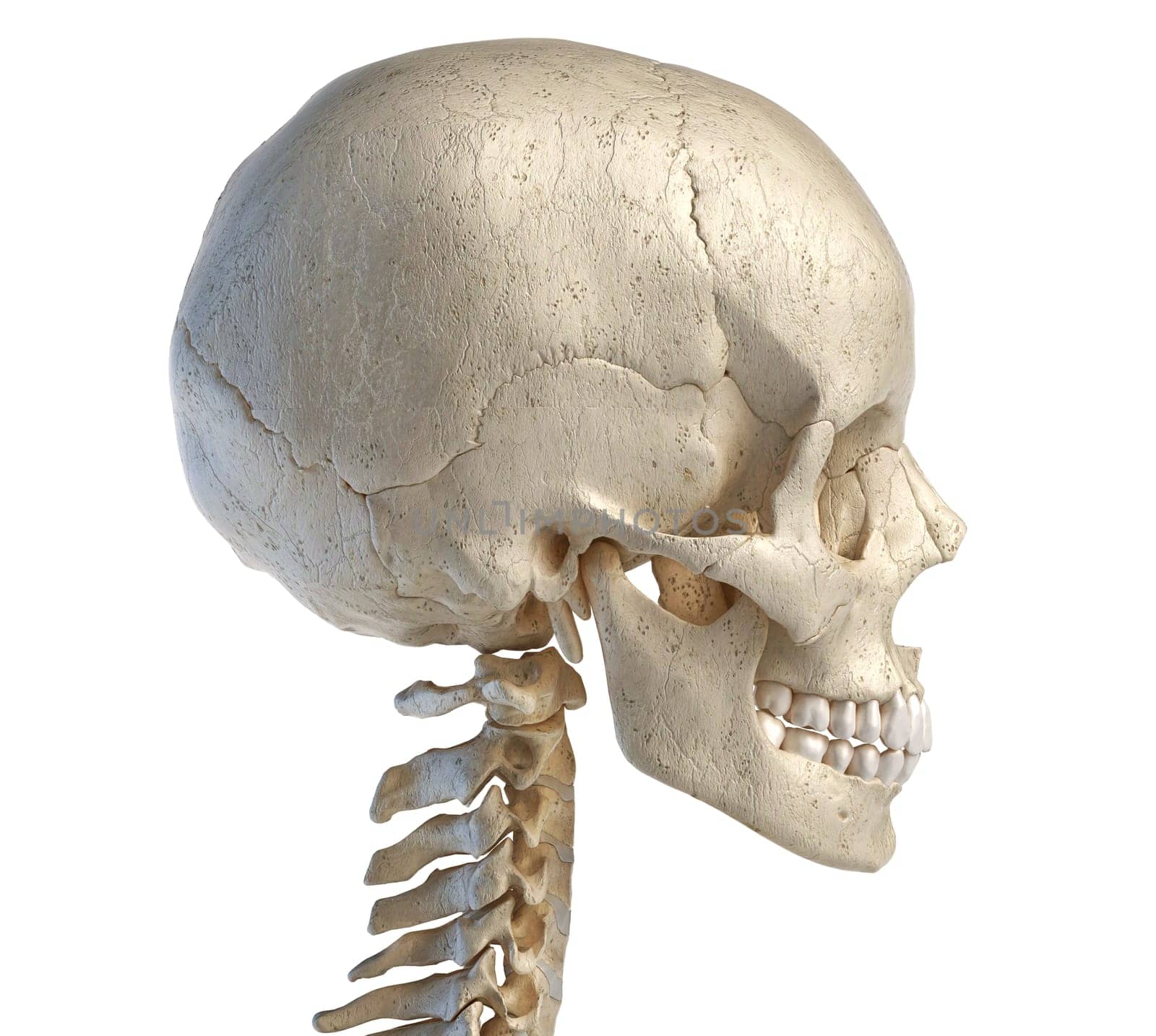 Human anatomy 3d illustration of the skull. Lateral view, on white background.