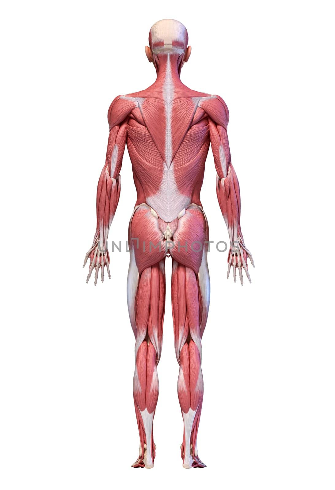 Human anatomy 3d illustration, male muscular system full body, back view on white background.