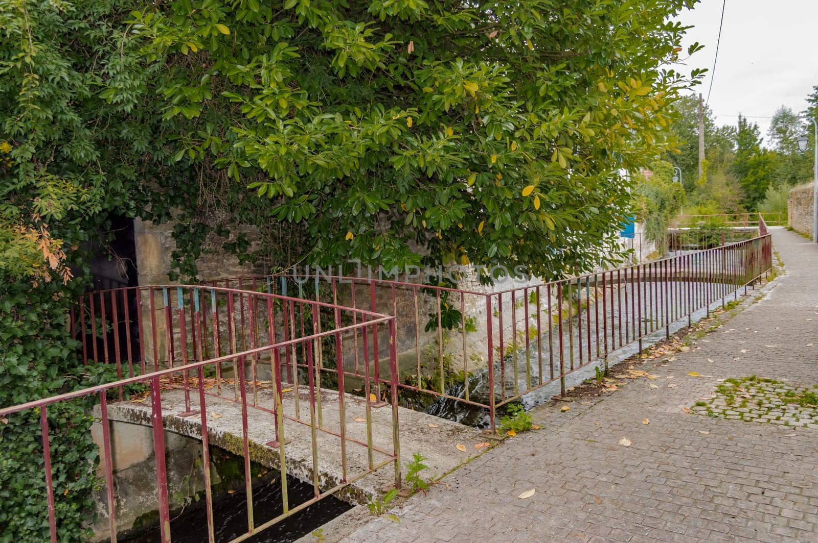 Small footbridge to the entrance of a house on the river of the tone in the city of Virton in the province of Luxembourg in Belgium