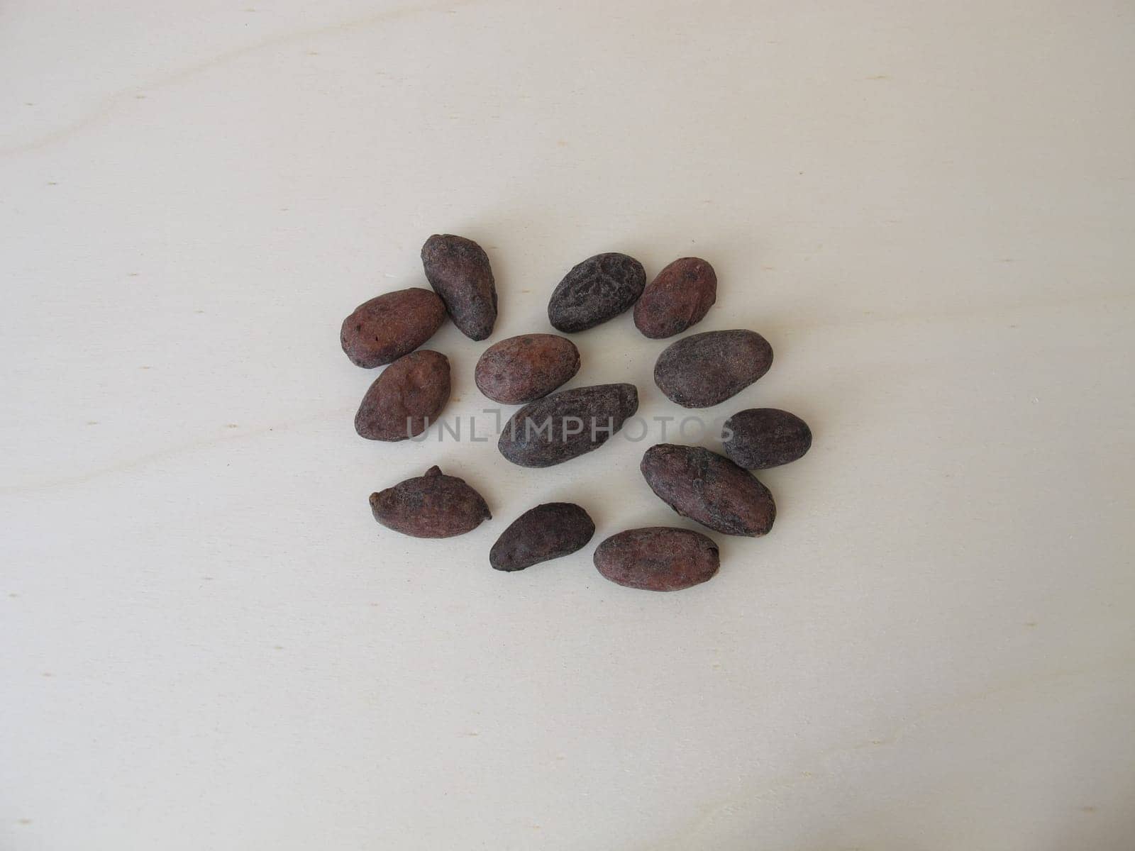 Roasted cocoa beans on a wooden board