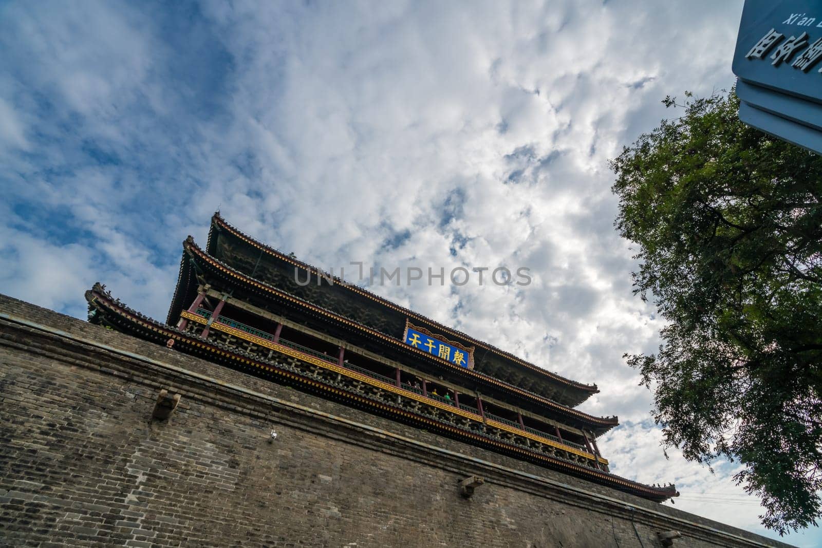 Xian, China -  July 2019 : Imposing landmark Drum Tower in the city Xian, Shaaxi Province