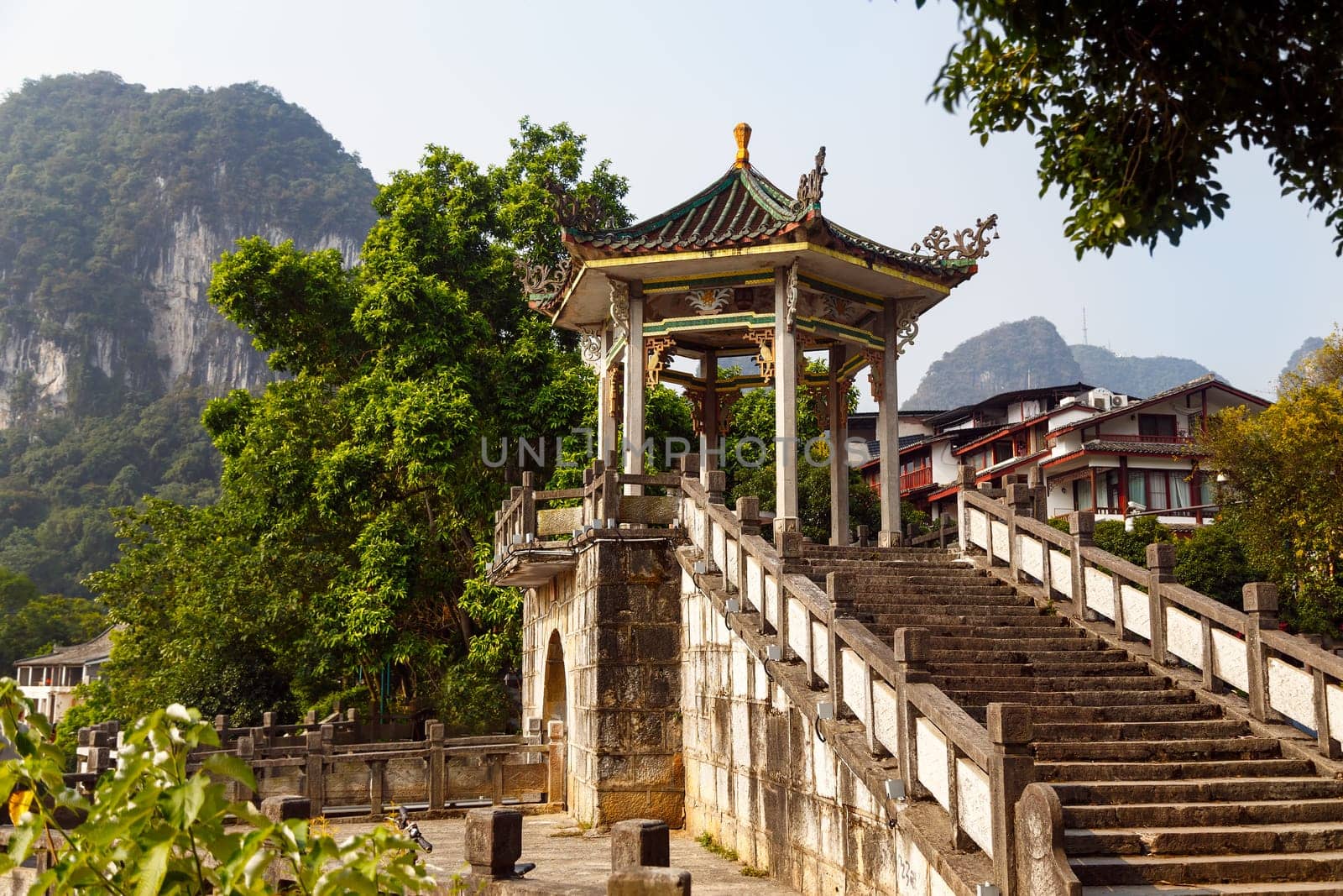 Chinese style stone staircase and pagoda, Yangshuo, China, Asia
