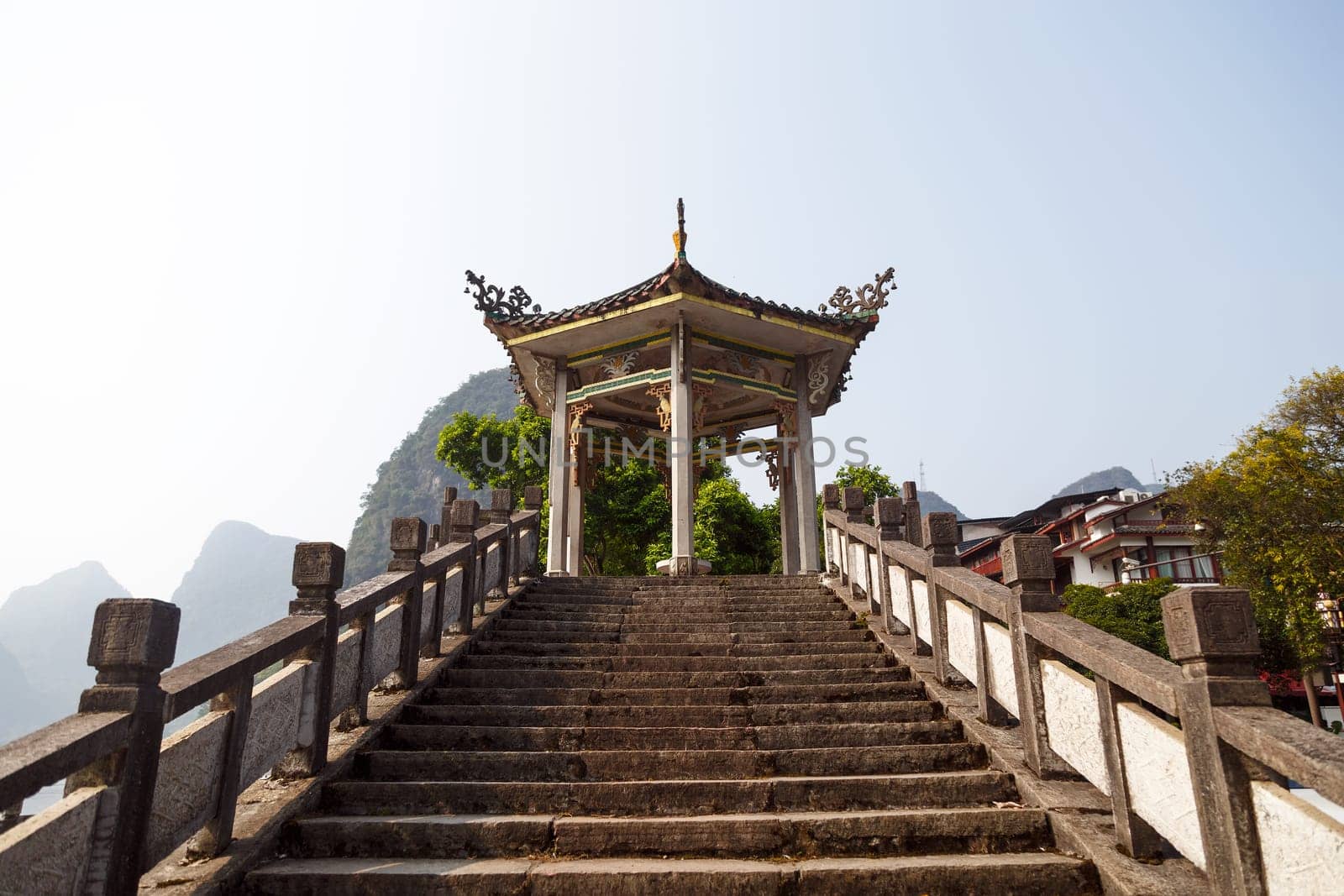 Chinese style stone staircase and pagoda, Yangshuo, China, Asia