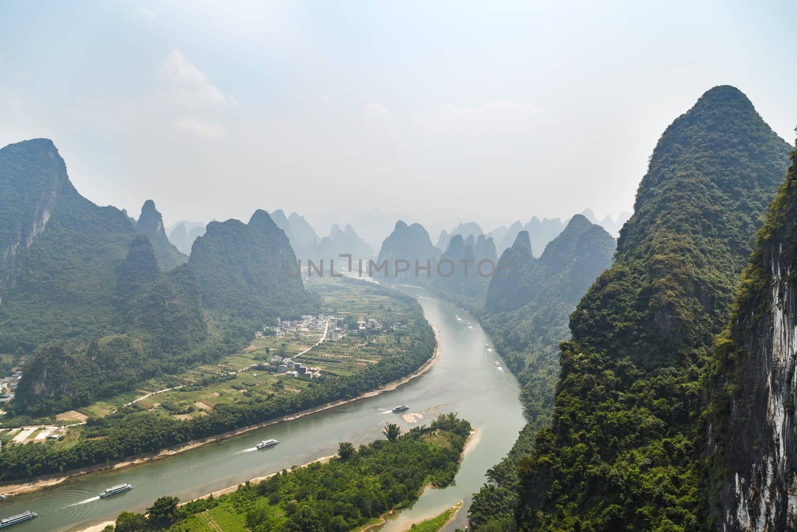 View of a mountain valley with a river below, Yangshuo, China, Asia