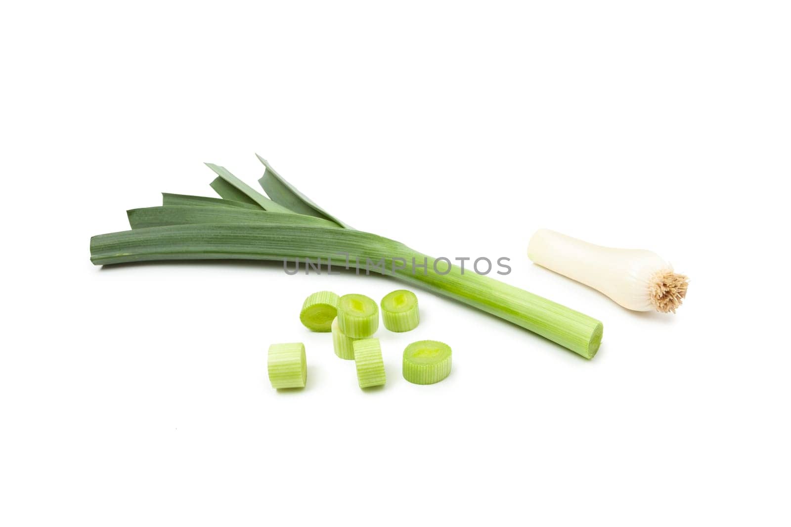 Green leek sliced isolated on white background