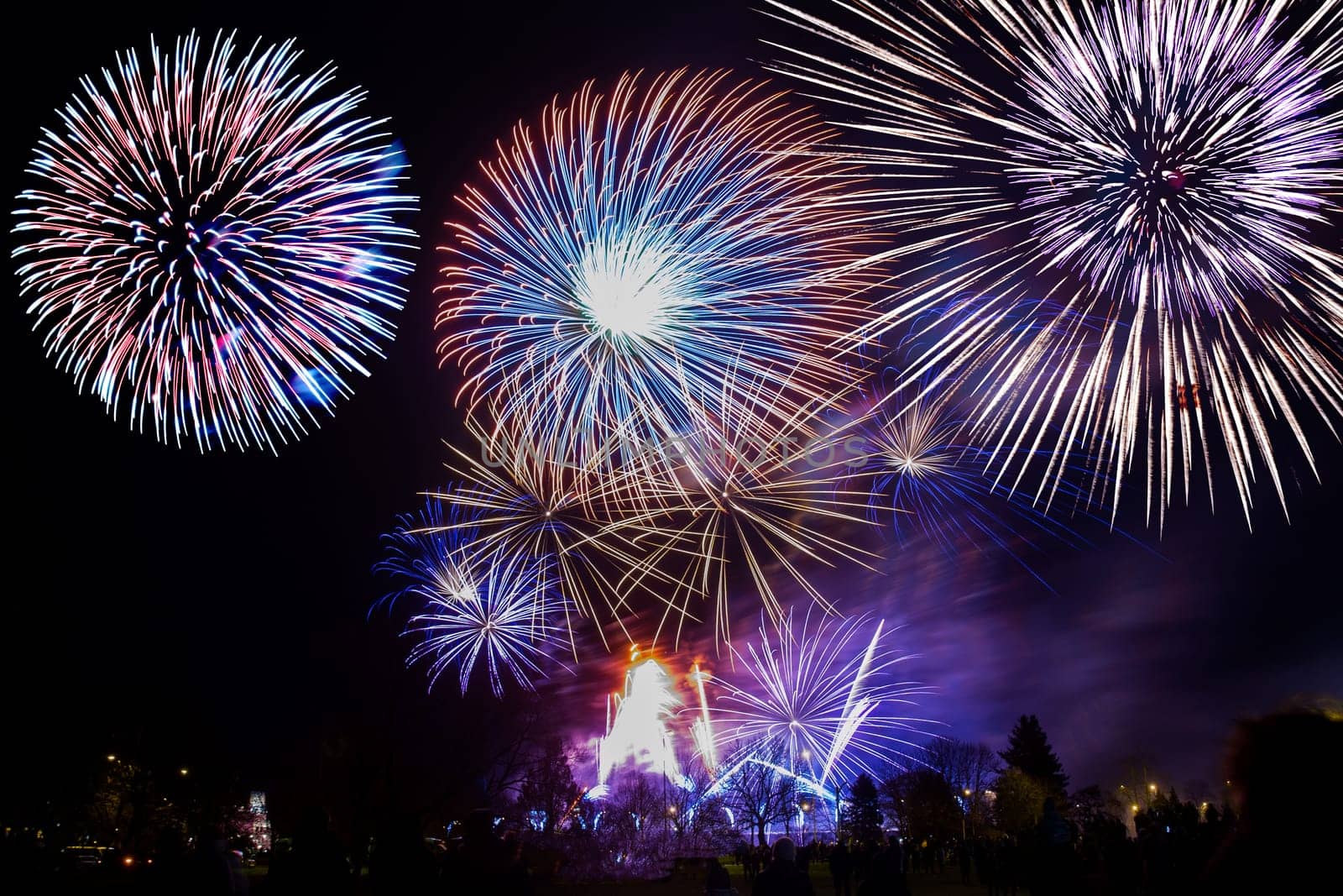 colorful fireworks on the night sky background.