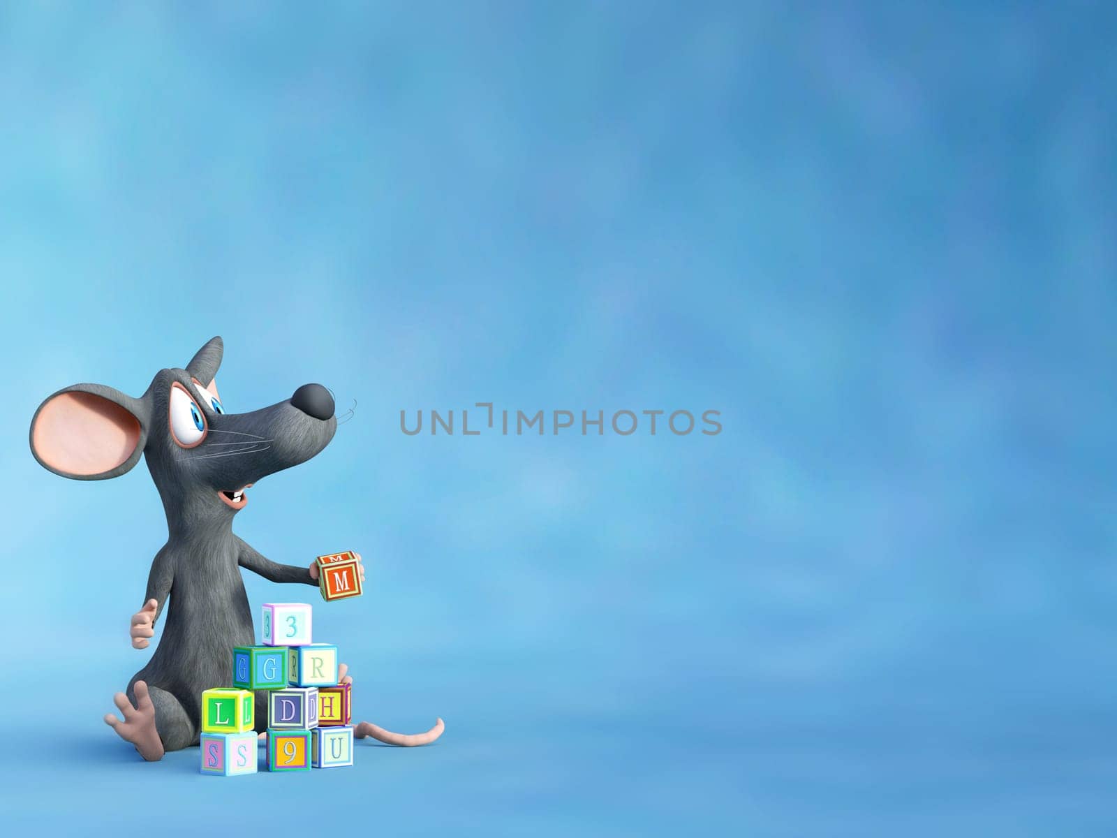 3D rendering of a cute smiling cartoon mouse sitting on the floor and playing and building a tower with toy blocks. Blue background with copyspace.
