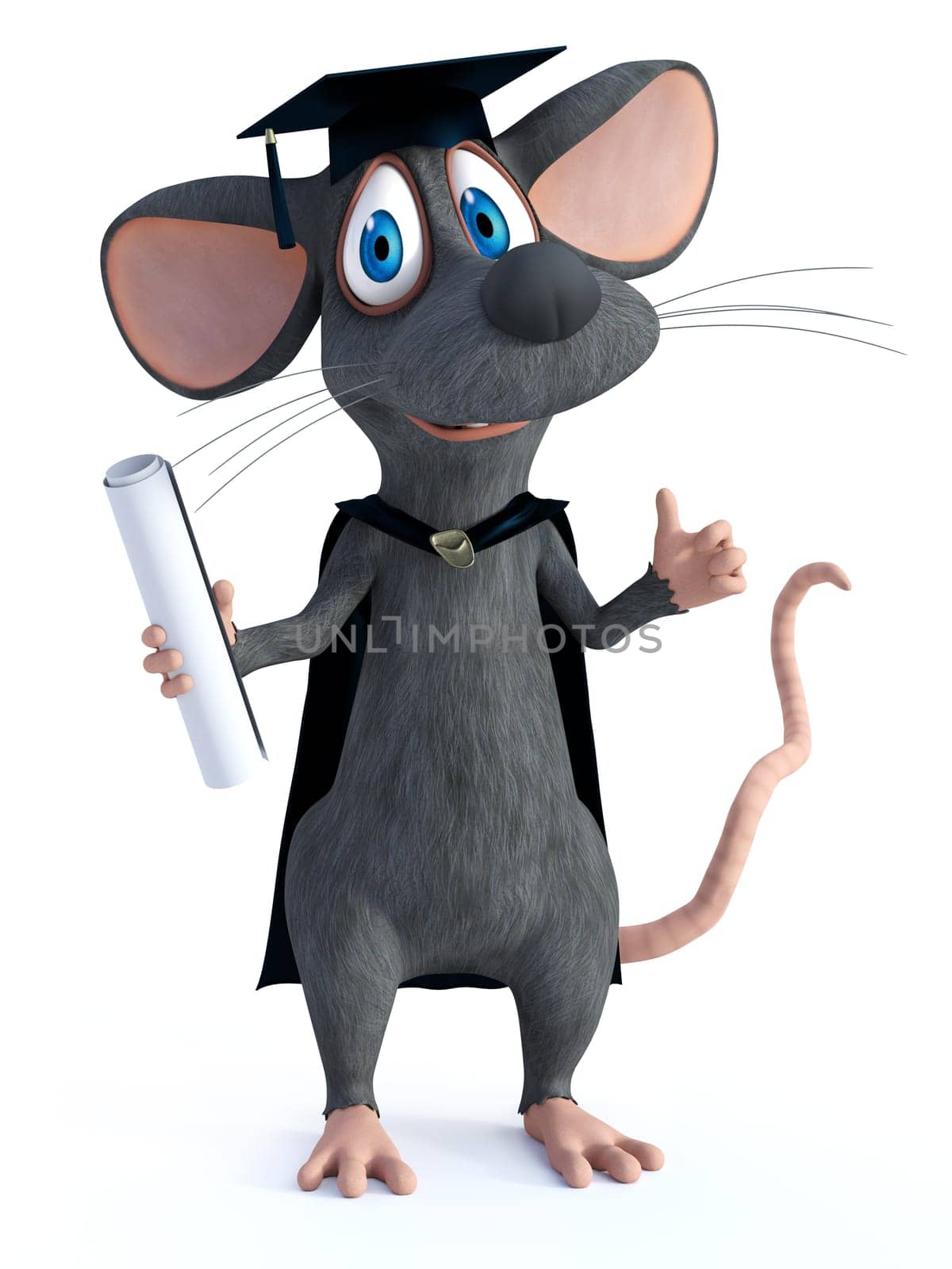 3D rendering of a cute smiling cartoon mouse dressed in graduation clothes and doing a thumbs up. White background.