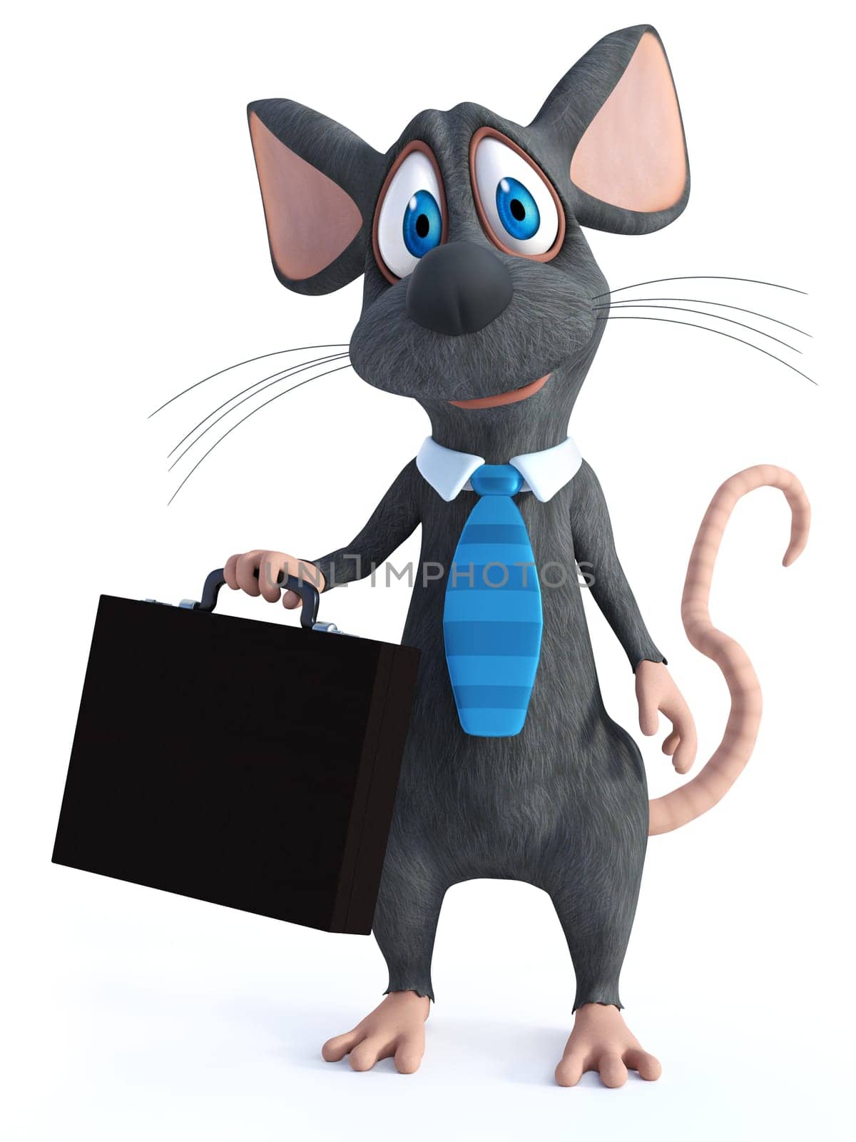 3D rendering of a cute smiling cartoon mouse dressed as a businessman wearing a tie and holding a briefcase, dressed for success. White background.