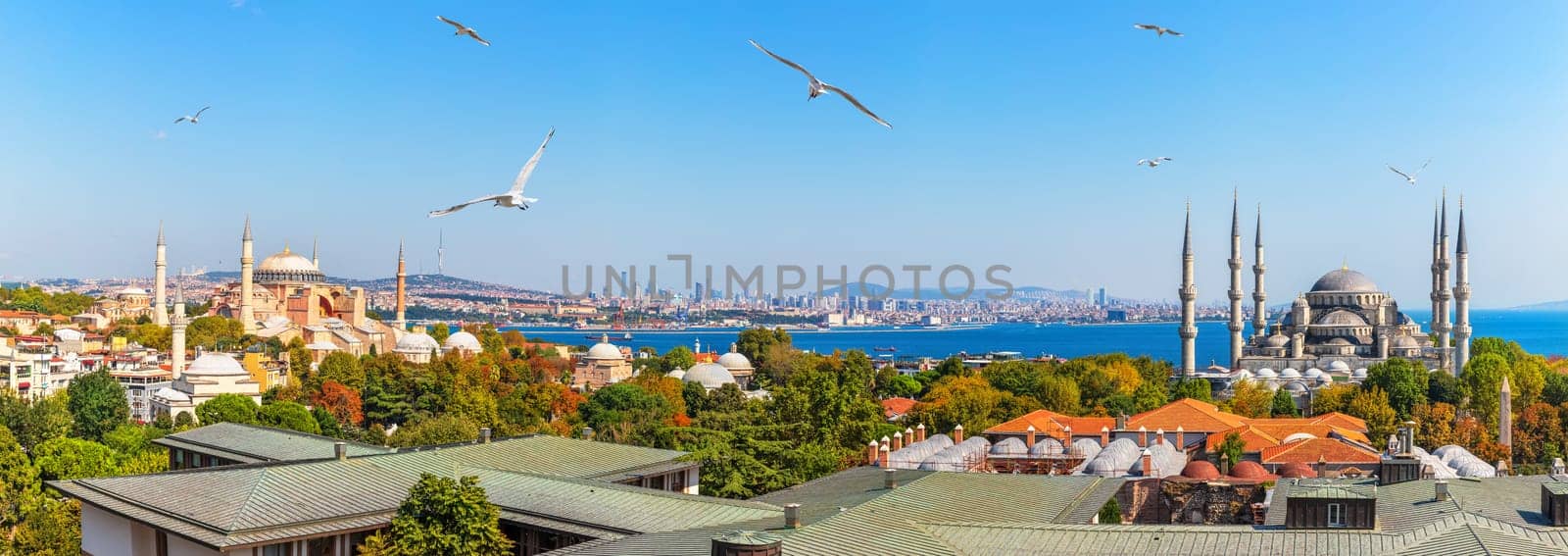 Istanbul panorama: view on the Hagia Sophia and the Sultan Ahmed Mosque .