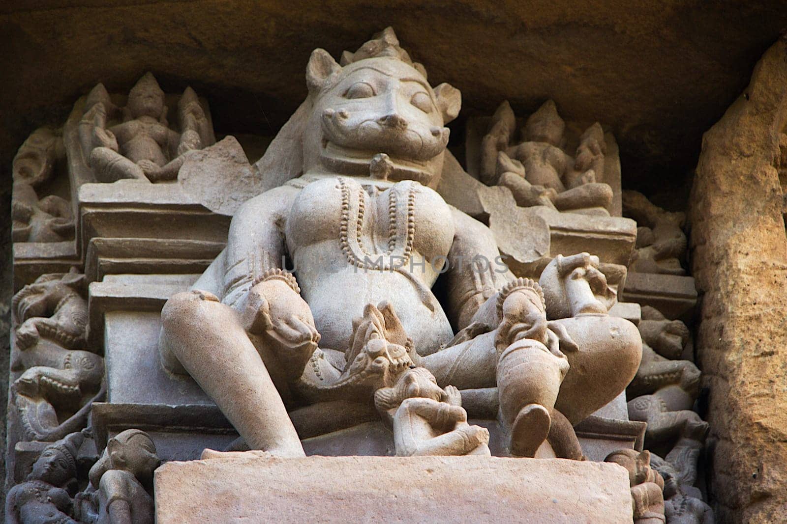 Stone sculpture at Chaturbhuj Temple, Khajuraho, Madhya Pradesh, India, Asia