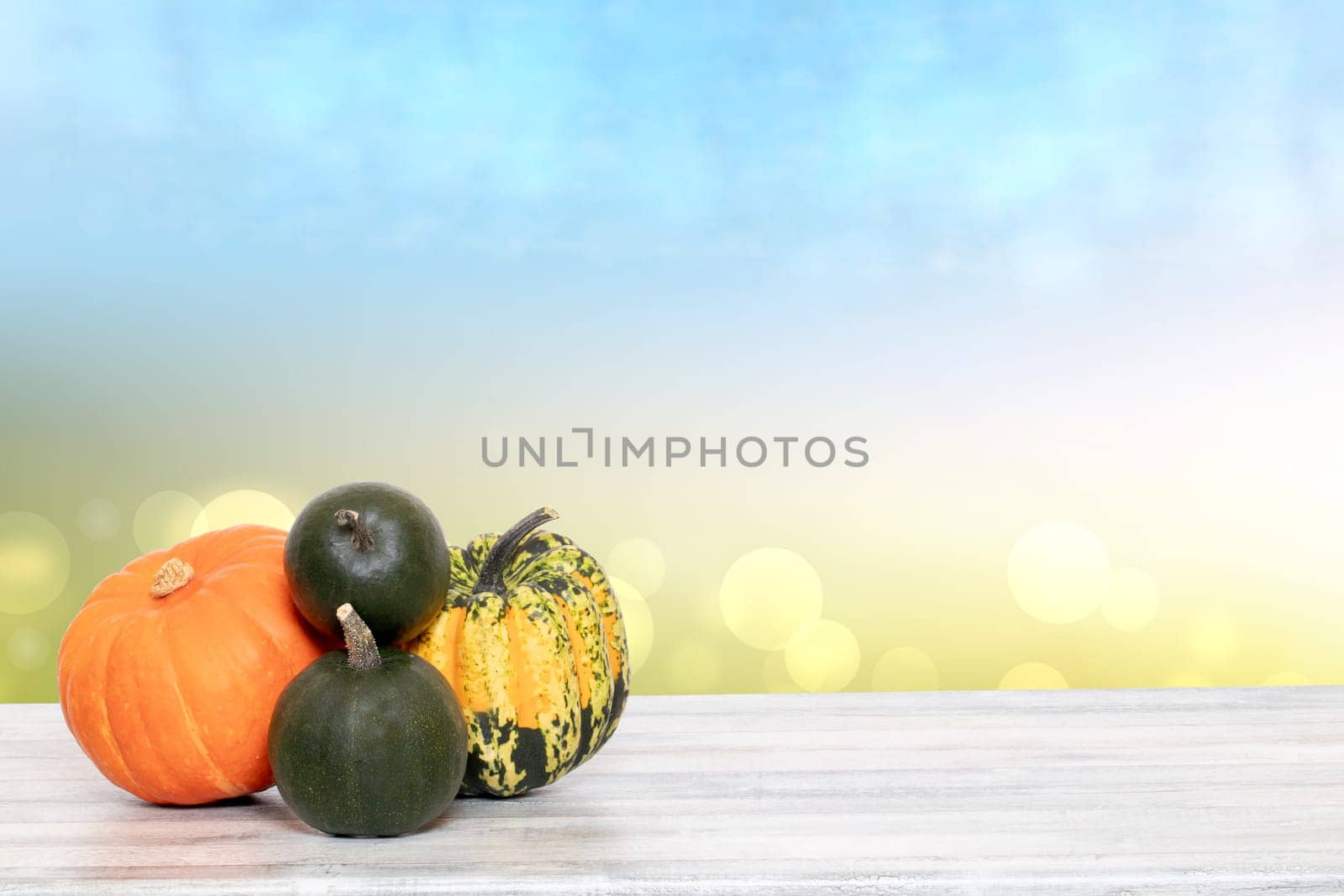 Pile of pumpkins. Close-up of a stack decorative colorful pumpkins on a bright wooden table against abstract blurred natural green blue background. Space for your product display montage.