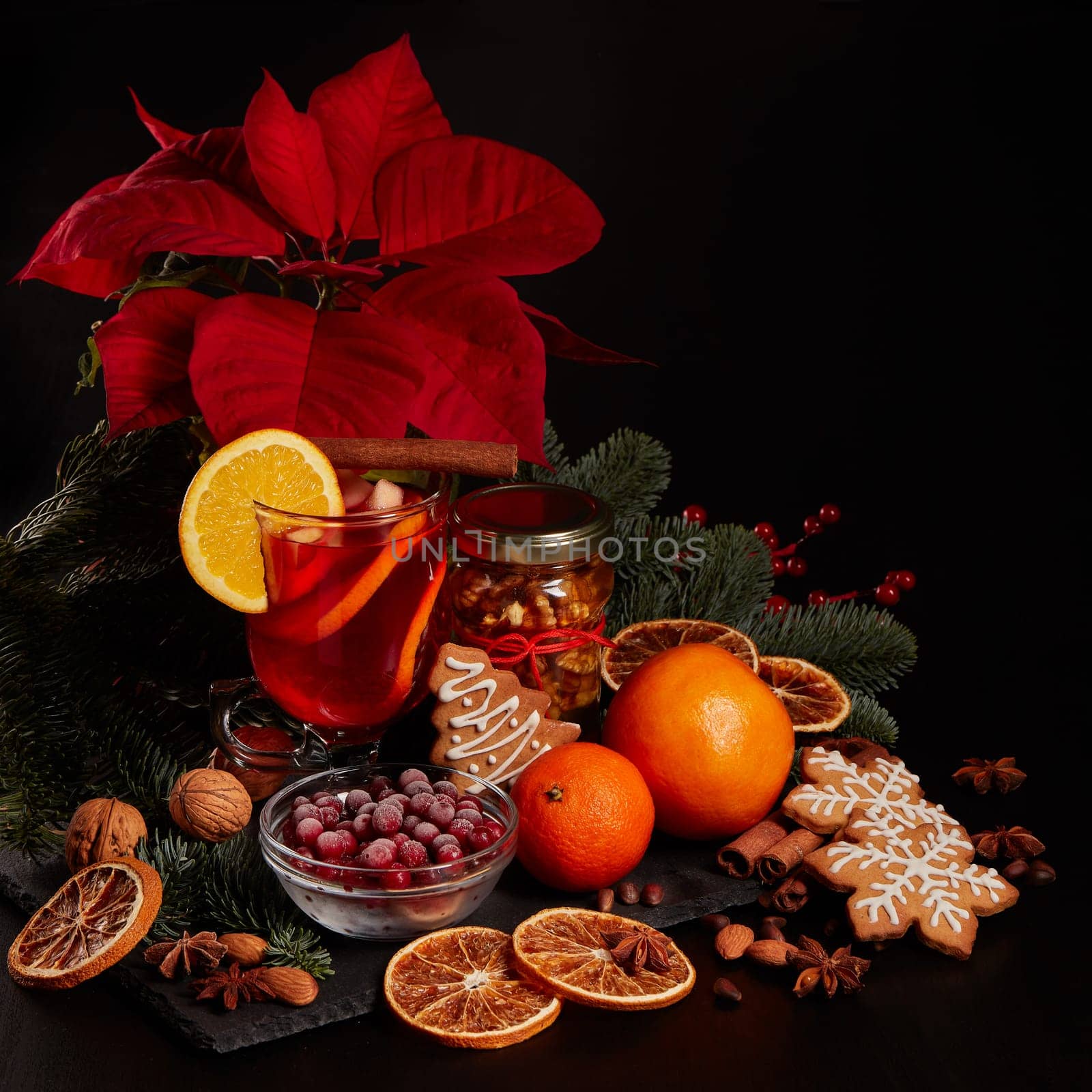 Still life with glasses of mulled wine or fruit tea, Red Poinsettia flowers, fir branch and spices on a dark background with copy space. New year and Christmas table setting. Greeting card.