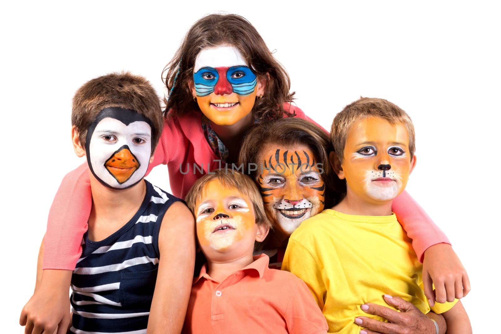 Children's group and grandmother all with animal face-paint isolated in white