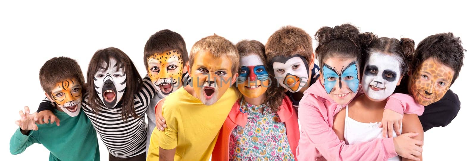 Children's group with animal face-paint isolated in white