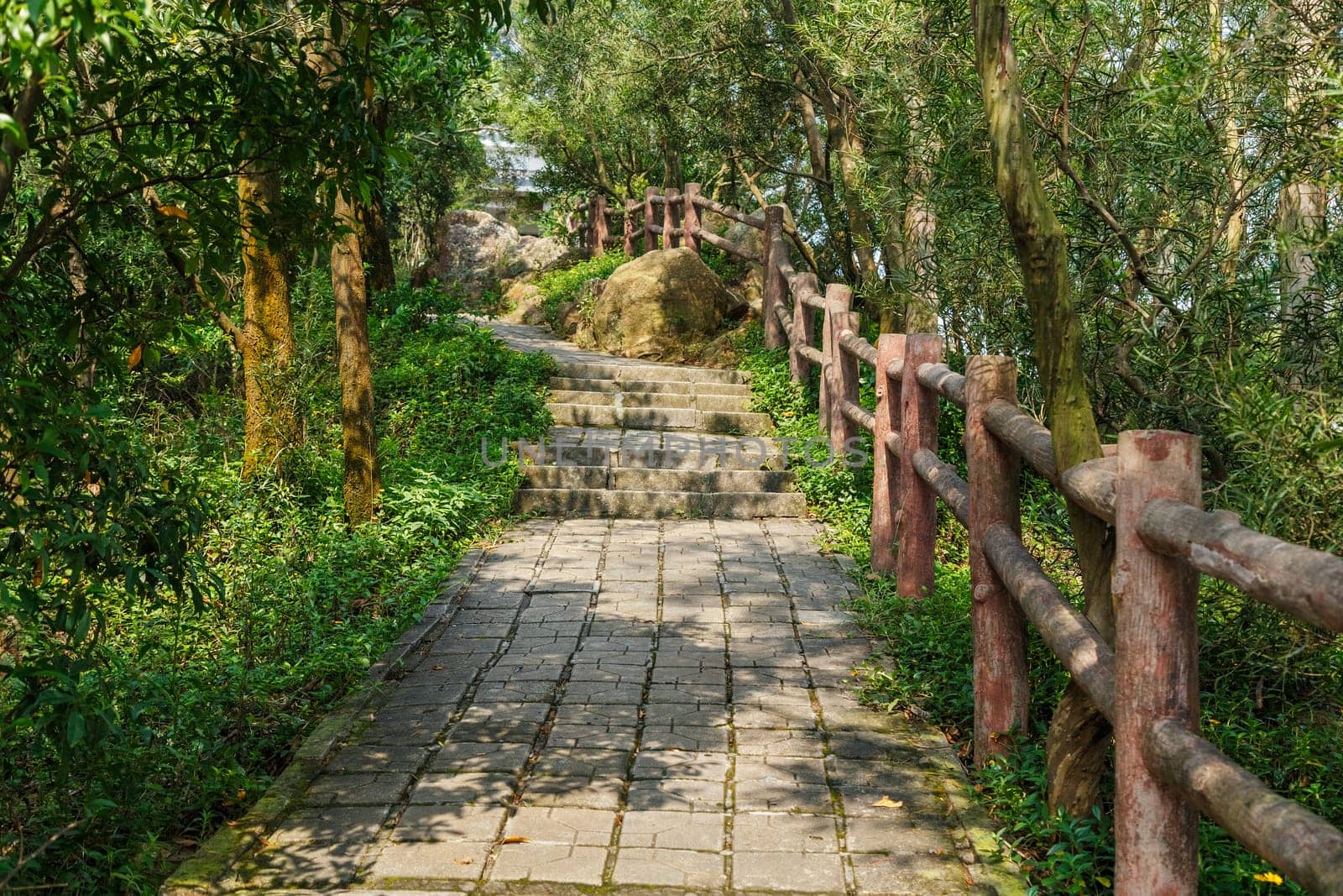 Concrete tile walkway with log railing in a mountain park, Shenzhen, China