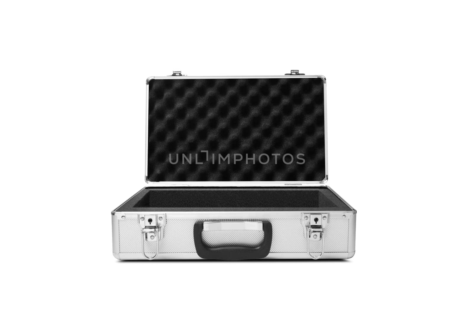 Metallic suitcase isolated on black background. With clipping path