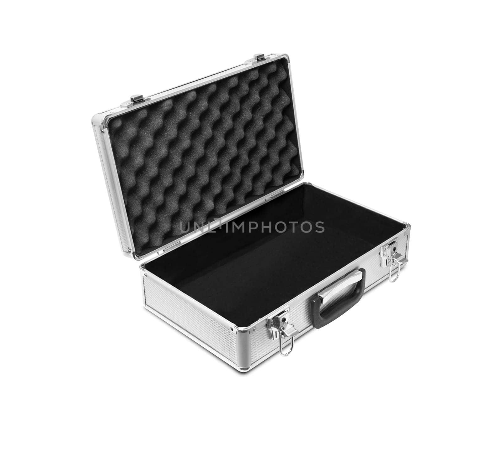 Metallic suitcase isolated on black background. With clipping path