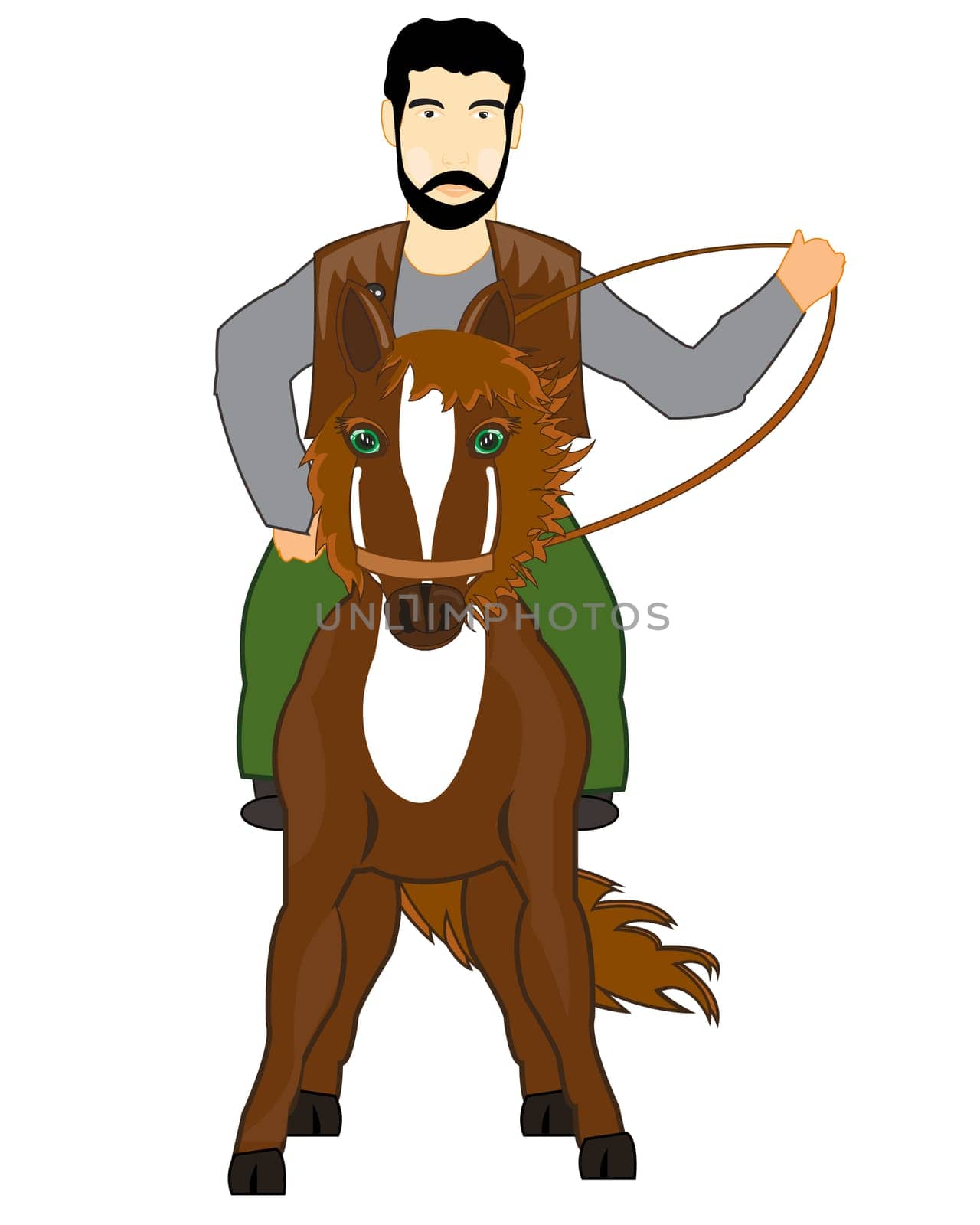 Man goes on horse on white background is insulated
