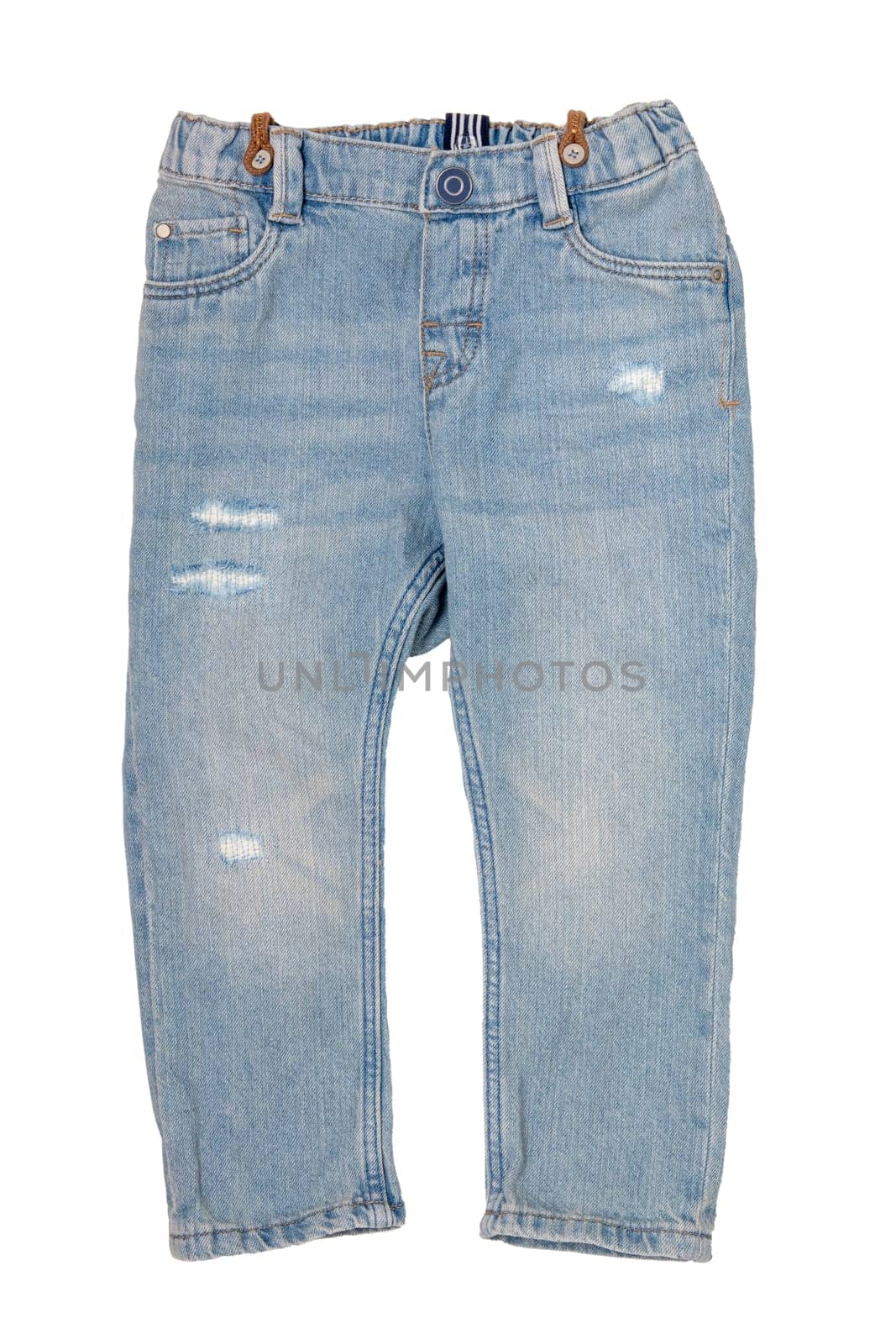 Jeans isolated. Trendy stylish blue denim pants or trousers for child boy isolated on a white background. Jeans summer and autumn fashion. Front view.