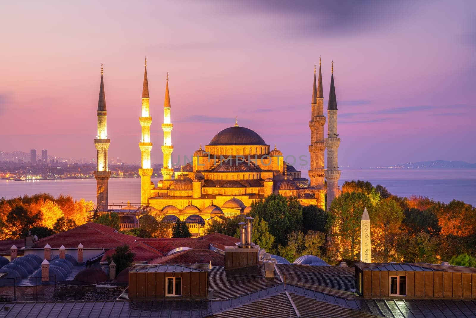 Beautiful evening view on the Sultanahmet Mosque or the Blue Mosque in Istanbul, Turkey.