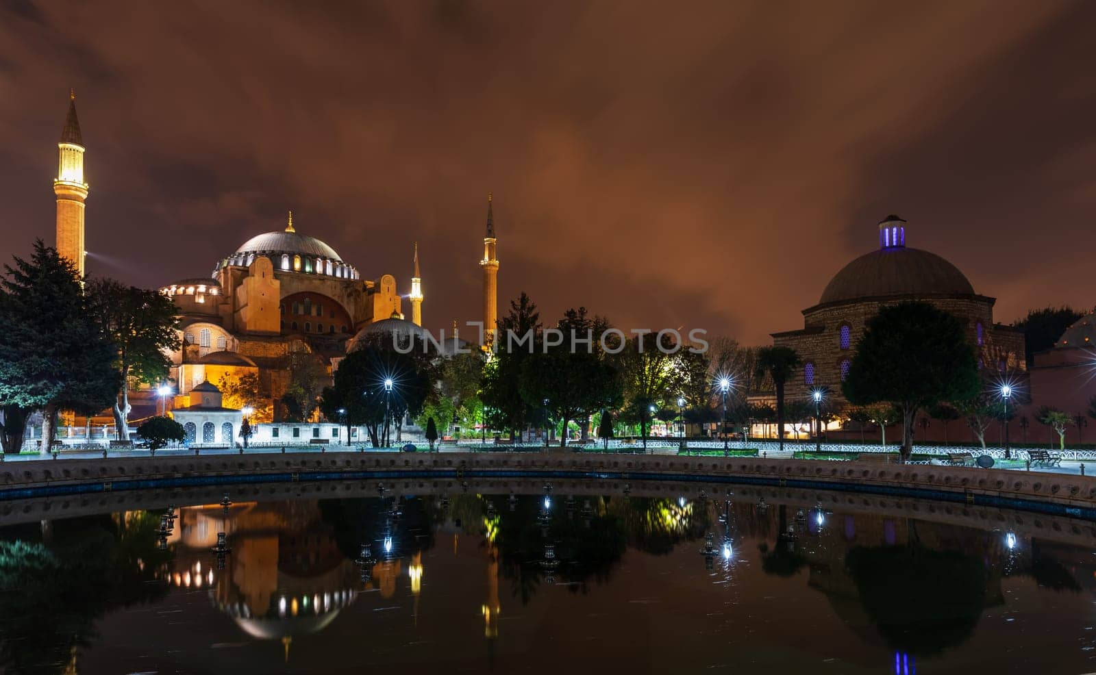 Hagia Sophia Museum, illuminated at night in Istanbul, Turkey.