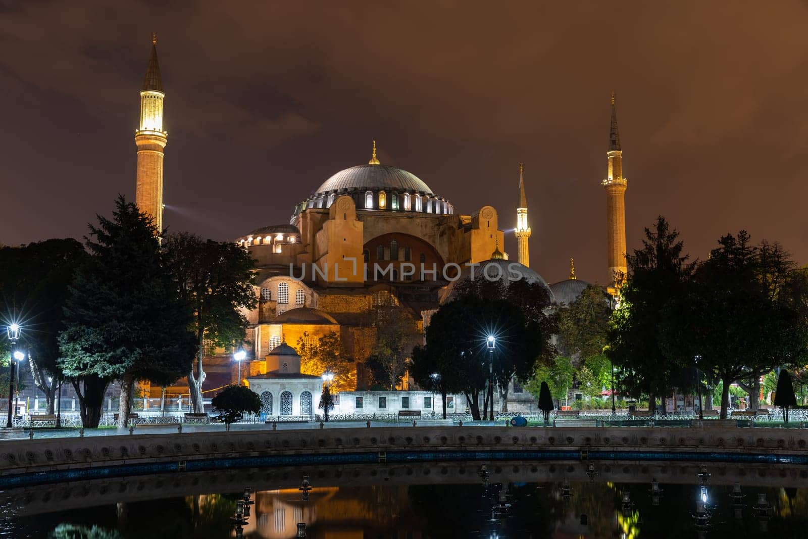 Hagia Sophia, evening view from the Sultanahmet park, Istanbul, Turkey.