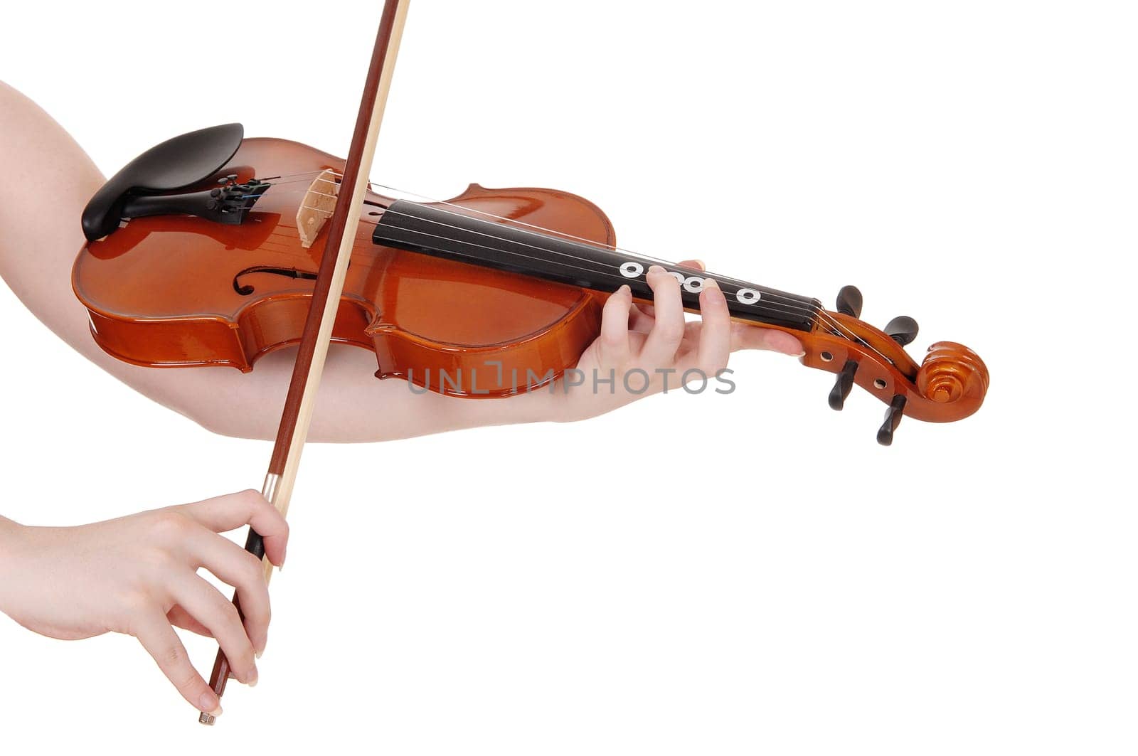 A womans hand holding and playing the violin in a close up image,.horizontal , isolated for white background.