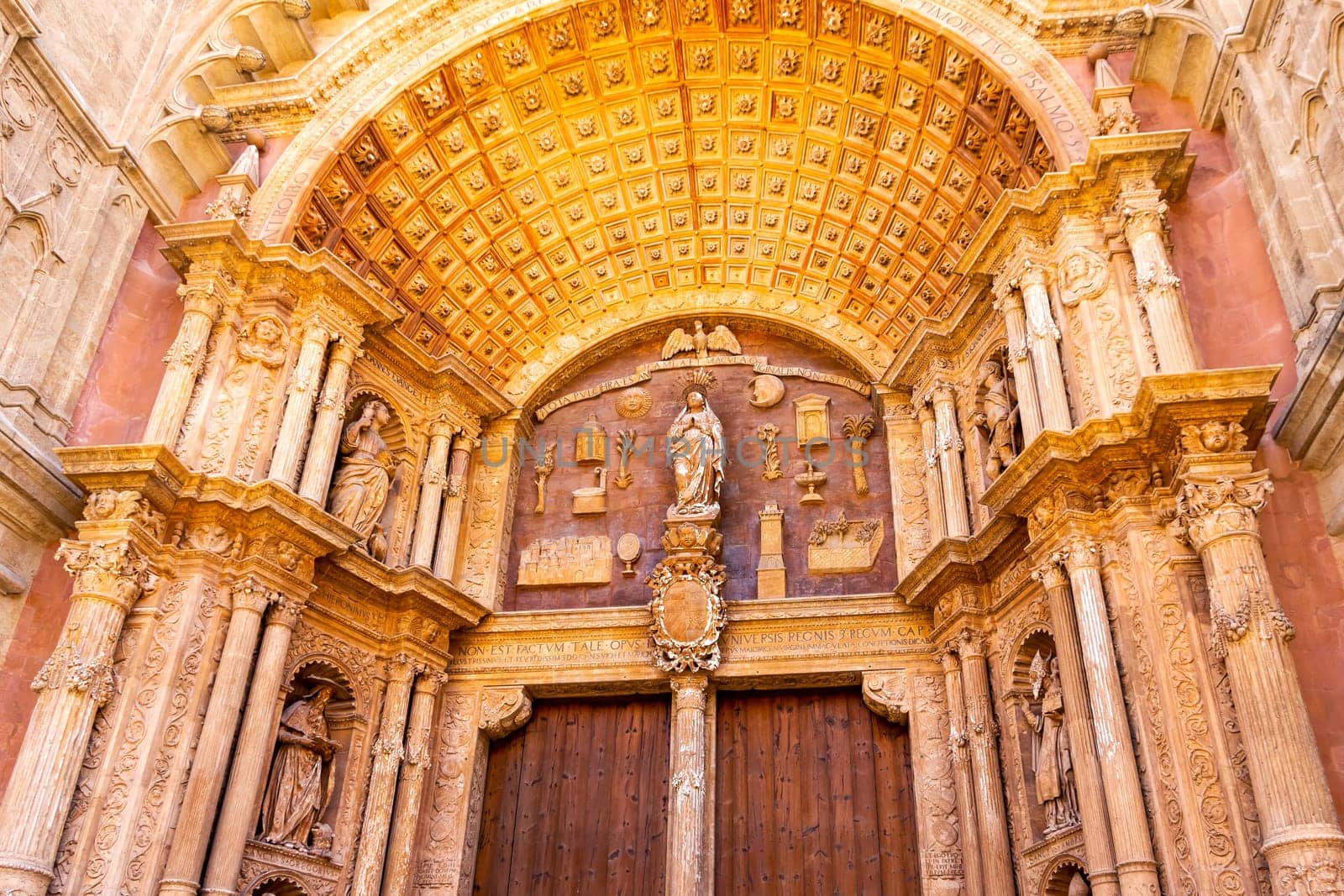 Palma Mallorca Spain June 2015 Beautiful gothic style entrance to Cathedral of Santa Maria of Palma La Seu splendour and craftsmanship in architecture