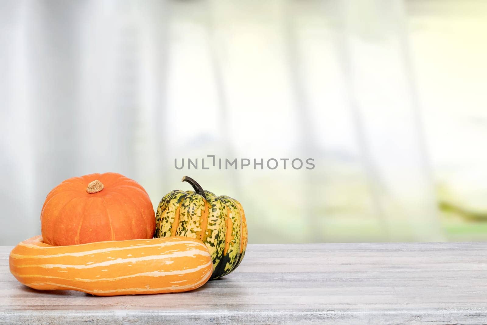Pile of pumpkins. Close-up of a stack decorative colorful pumpkins on a bright wooden table against abstract blurred natural bright windows background. Space for your product display montage.