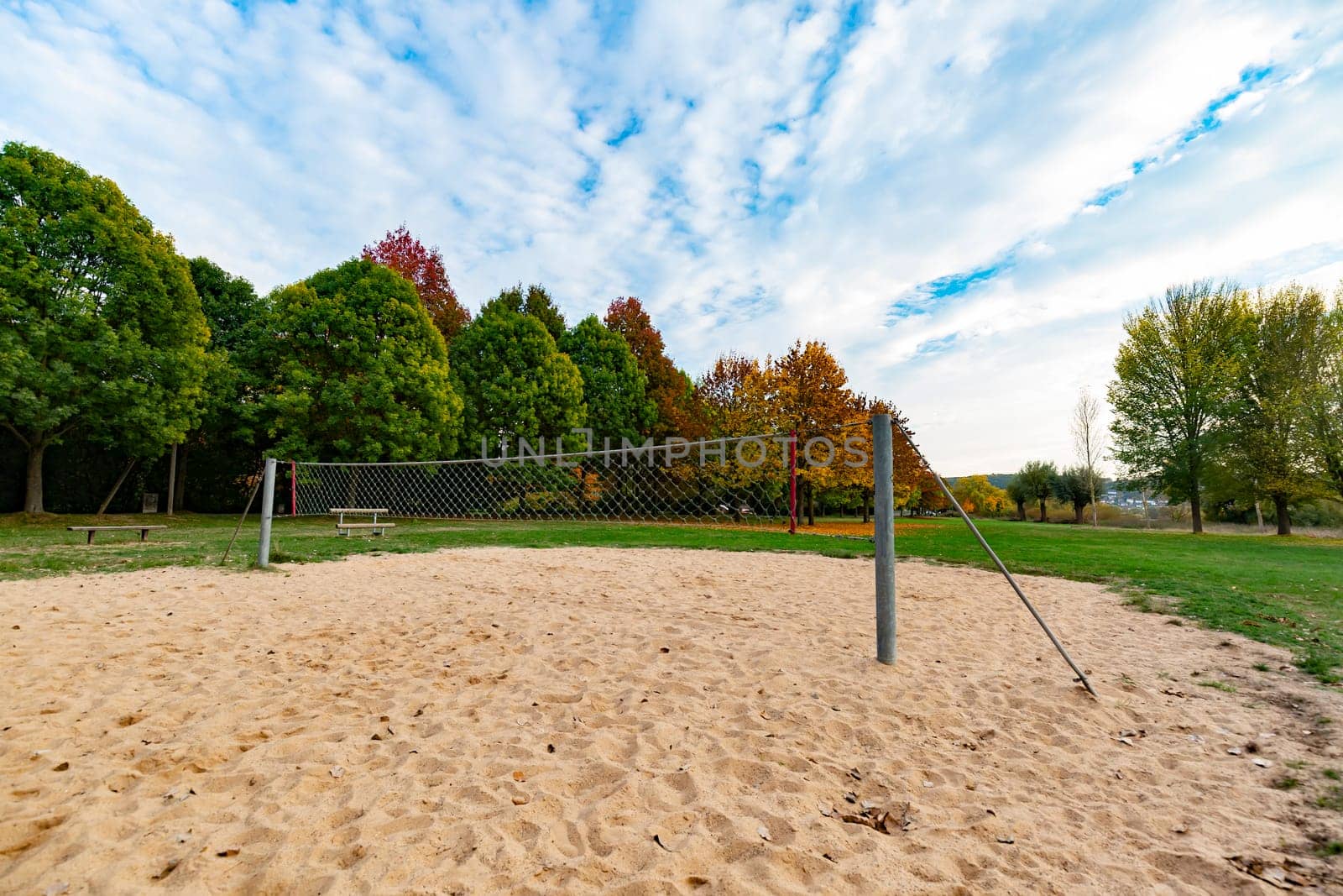 Public Park with Volleyball Net in Autumn