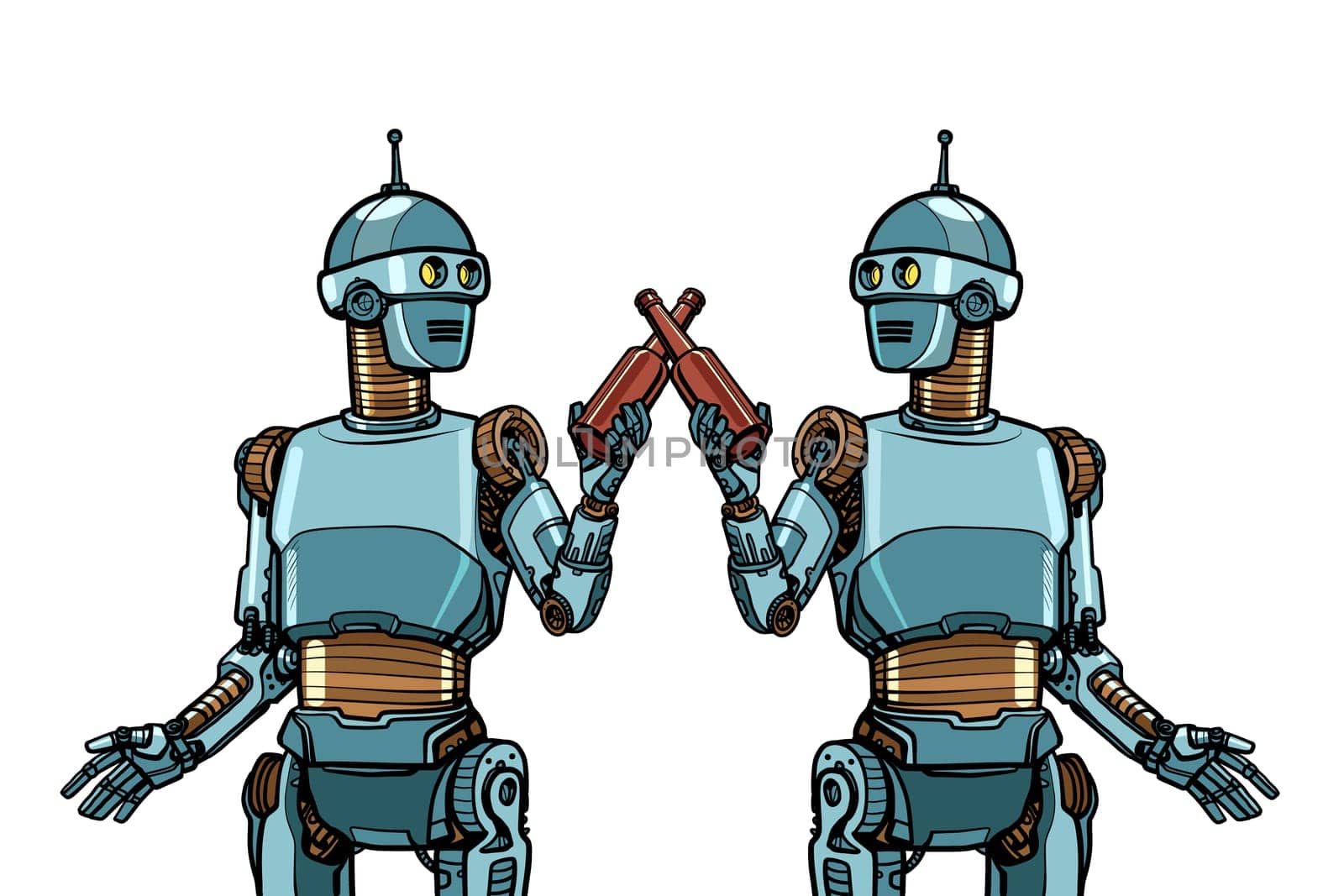 robots drink beer. cheers toast to the meeting. Pop art retro vector illustration drawing vintage kitsch