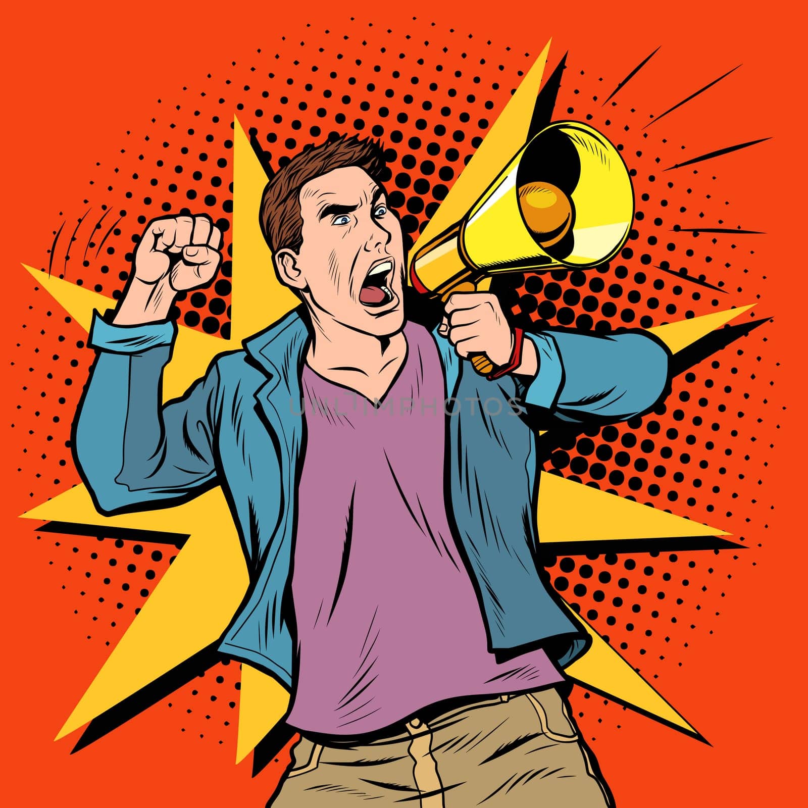 male protester with megaphone. Democracy opposition freedom of speech. Pop art retro vector illustration drawing vintage kitsch