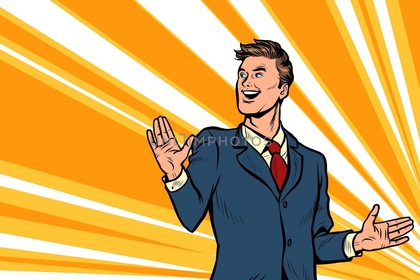 handsome man businessman leader presents. advertising poster. Pop art retro vector illustration drawing vintage kitsch
