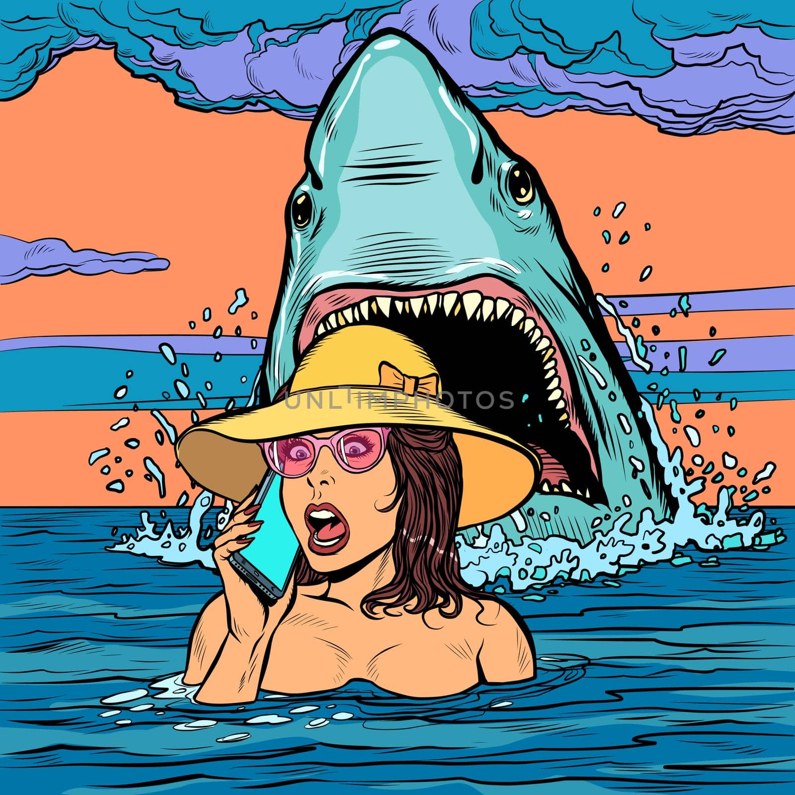 A shark attacks a woman at sea. The girl asks for help on the phone. Pop art retro vector illustration drawing