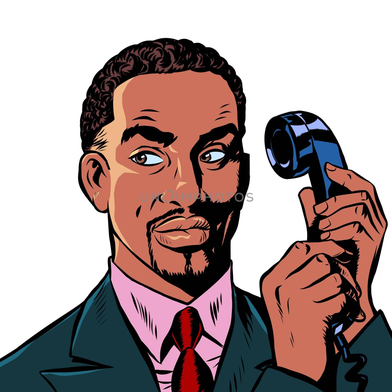 serious african man talking on a retro phone. isolate on white background. Pop art retro vector illustration drawing