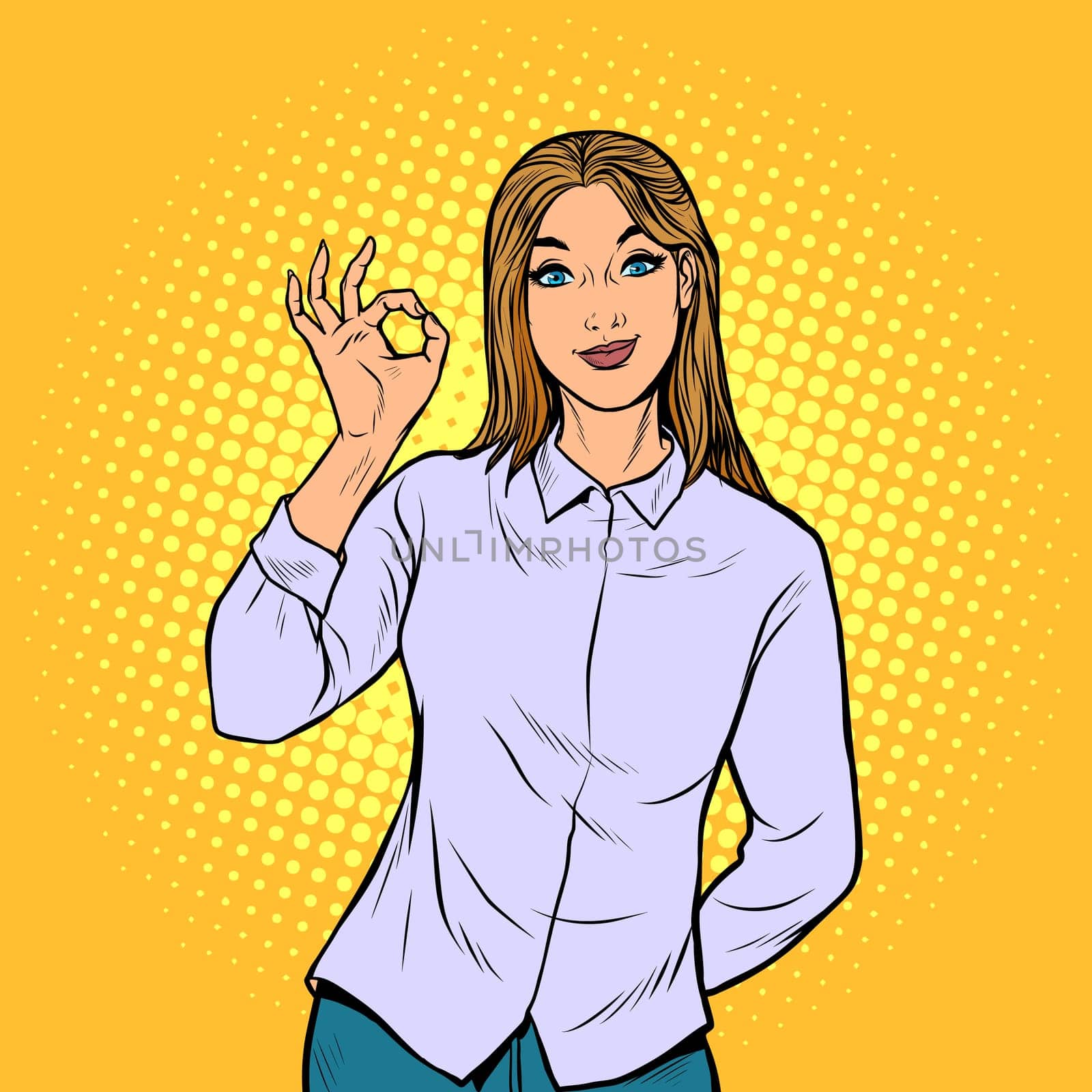 OK gesture young woman. Pop art retro vector illustration drawing vintage kitsch