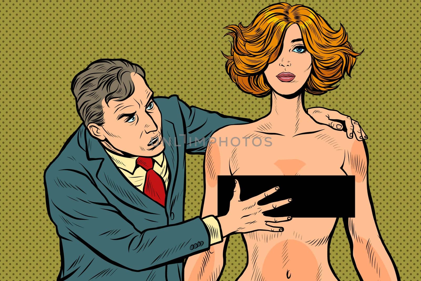 harassment. male businessman groping a woman. unacceptable behavior. violation of work ethics. Pop art retro vector illustration drawing vintage kitsch